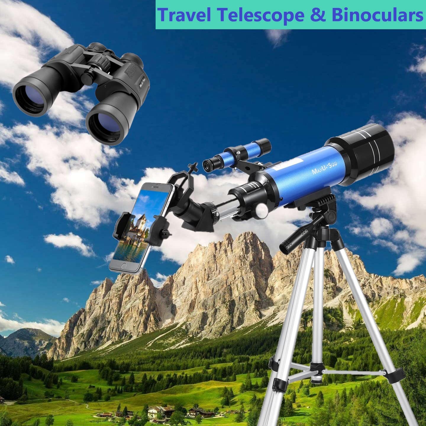 MaxUSee Travel Telescope with Backpack - 70mm Refractor Telescope & 10X50 HD Binoculars Bak4 Prism FMC Lens for Moon Viewing Bird Watching Sightseeing