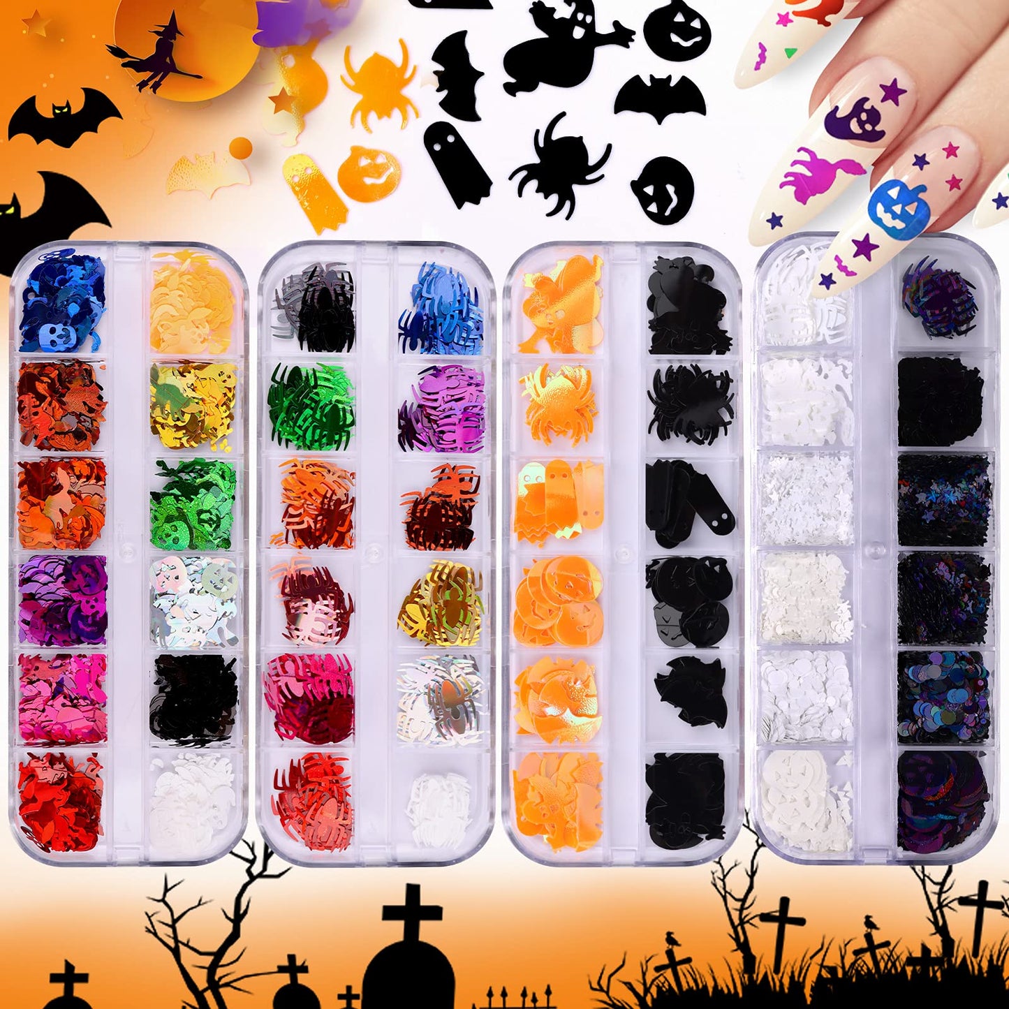 EBANKU 4 Boxes Halloween Nail Art Glitter Sequins, 3D Holographic Skull Spider Pumpkin Bat Ghost Witch Shape Nail Glitter Flakes, Laser Sequins for Nails Design Halloween Party