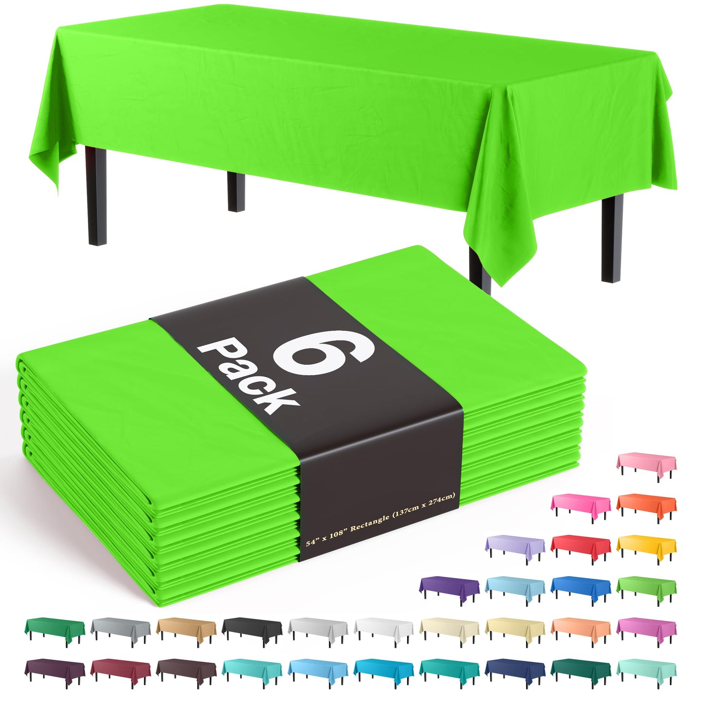 Exquisite 6-Pack Premium Plastic Tablecloth 54in. x 108in. Rectangle Plastic Table Cover - Lime Green