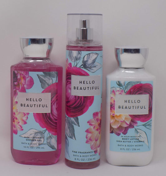 Hello Beautiful (White Gardenia, Jasmine, Magnolia, Pink Nectarine, Cotton Musk) Lot of Three Full Size 1- 10 oz Shower Gel, 1- 8 oz Body Lotion, and 1- 8 oz Fine Fragrance Mist