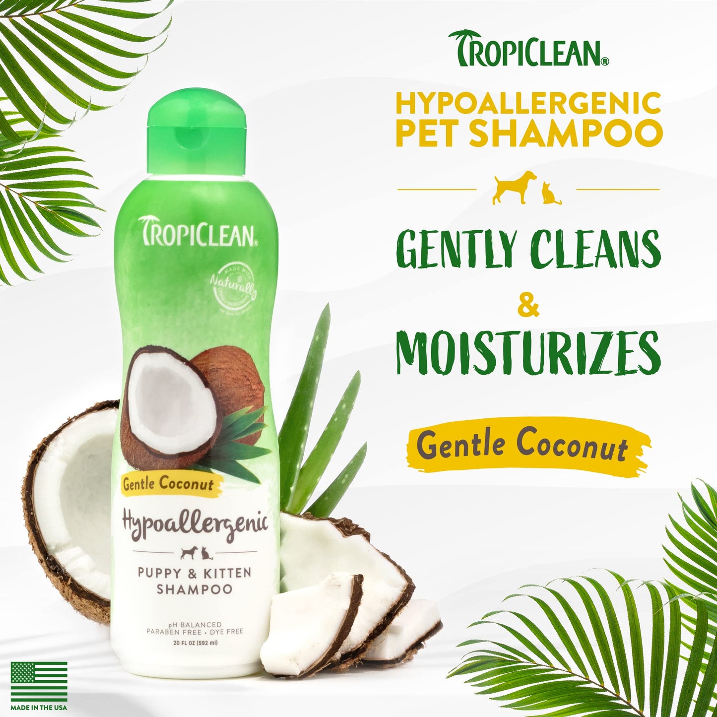 TropiClean Coconut Hypoallergenic Dog Shampoo | Gentle Puppy Shampoo for Sensitive Skin | Natural Pet Shampoo Derived from Natural Ingredients | Kitten Friendly | Made in the USA | 20 oz.