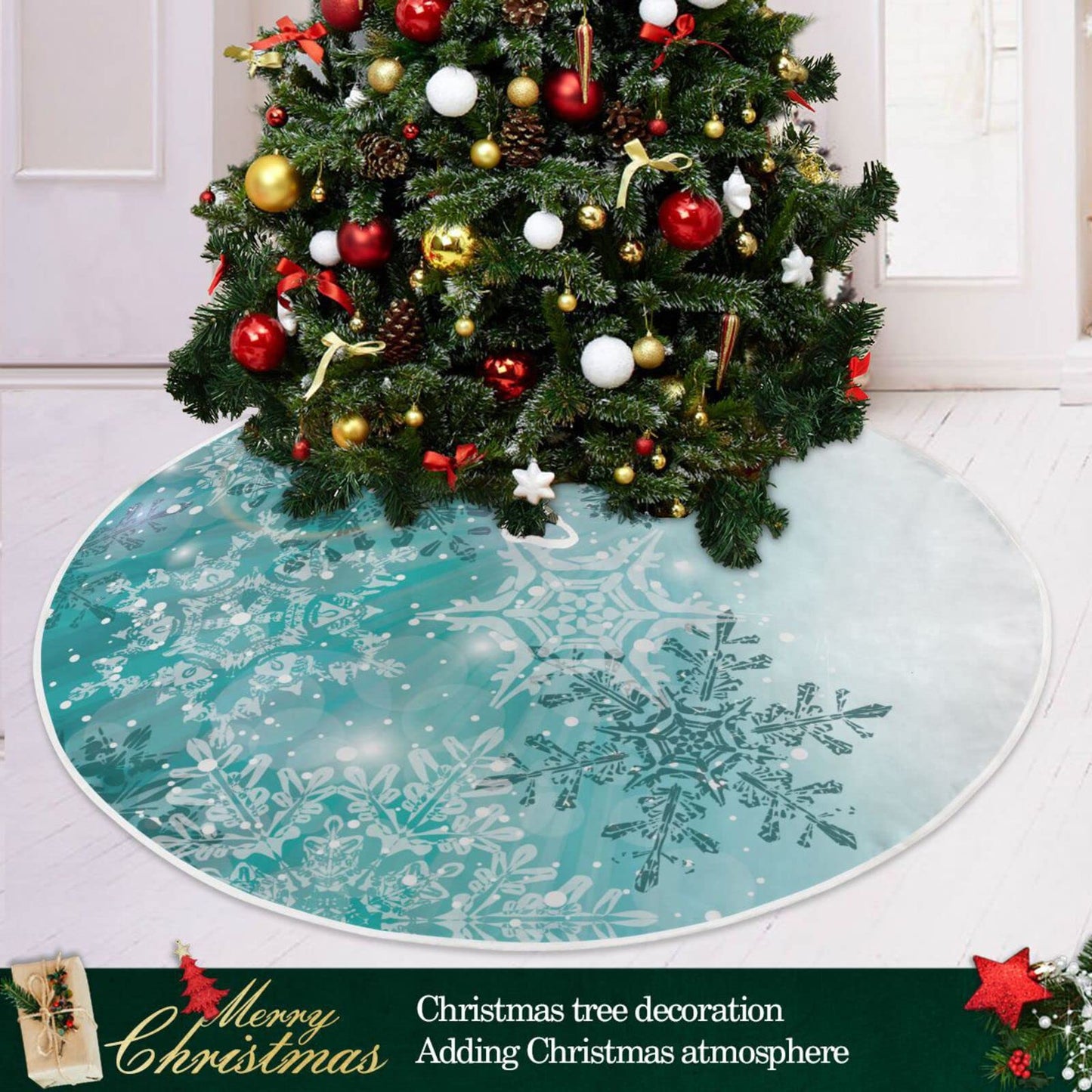 ALAZA Christmas Tree Skirt Decoration,Large Tree Skirt Ornament 47.2 Inch with Silver Winter Teal Turquoise Snowflakes Christmas for Christmas Party Holiday Home Decorations