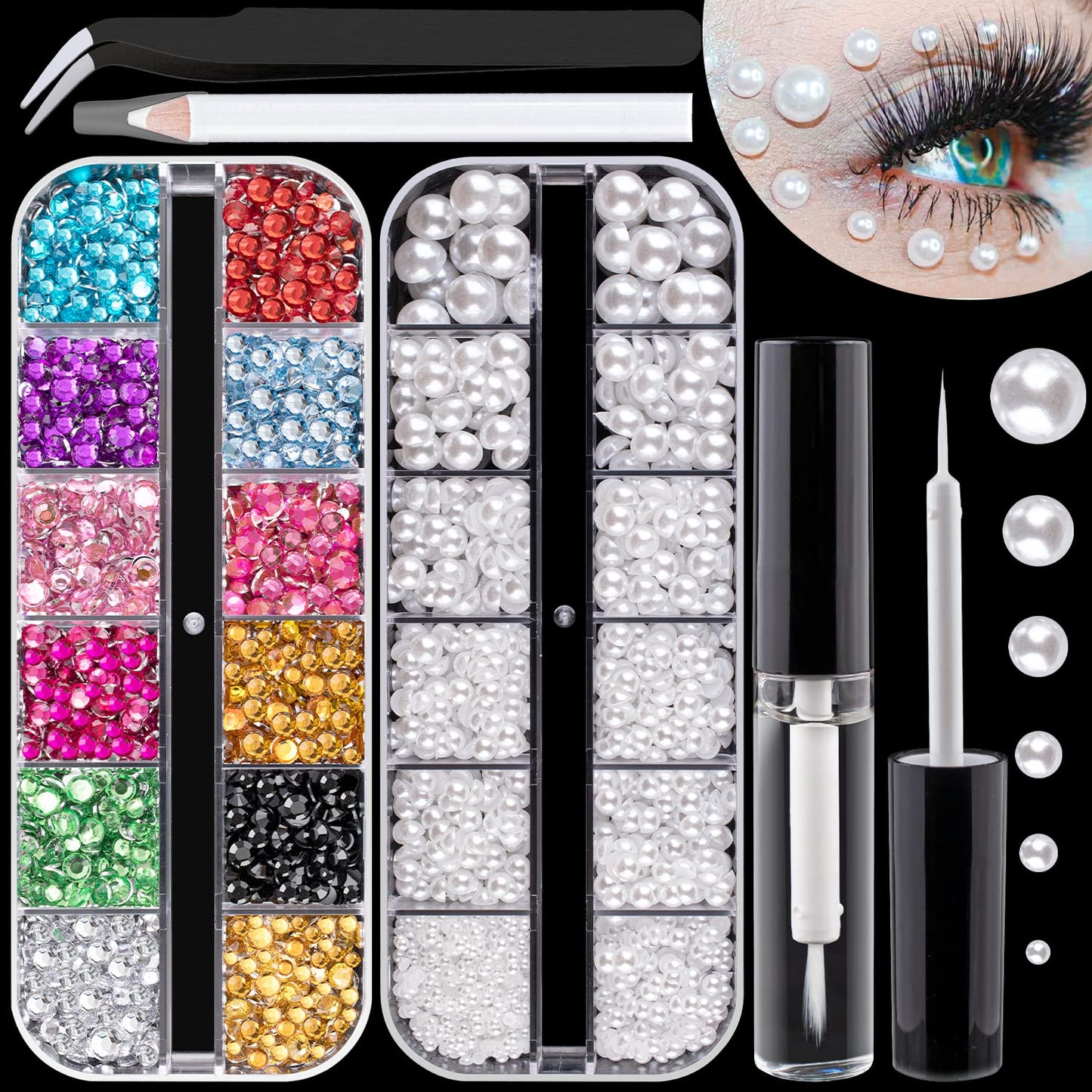 Flat Back Rhinestones&Pearls Kits Round Colorful Gems+White Pearls With Quick Dry Makeup Glue+Picker Pencil+Tweezer For Nail Art And Face Eye Body Make-up