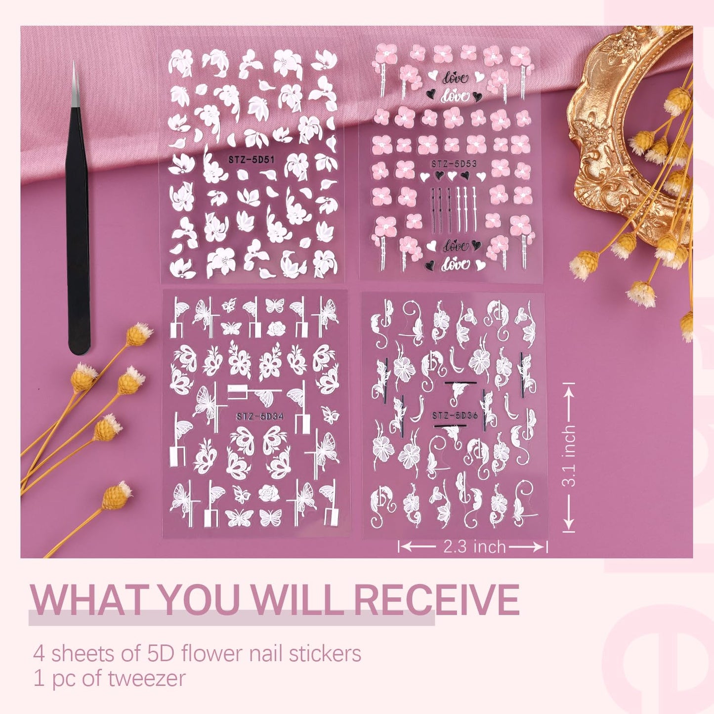 4 Sheets 5D Flower Nail Art Stickers, Embossed Nail Decals with Tweezer, Self Adhesive Pegatinas Uñas Pink White Floral Butterfly Spring Summer 3D Nail Accessories for French Tips Nail Decoration