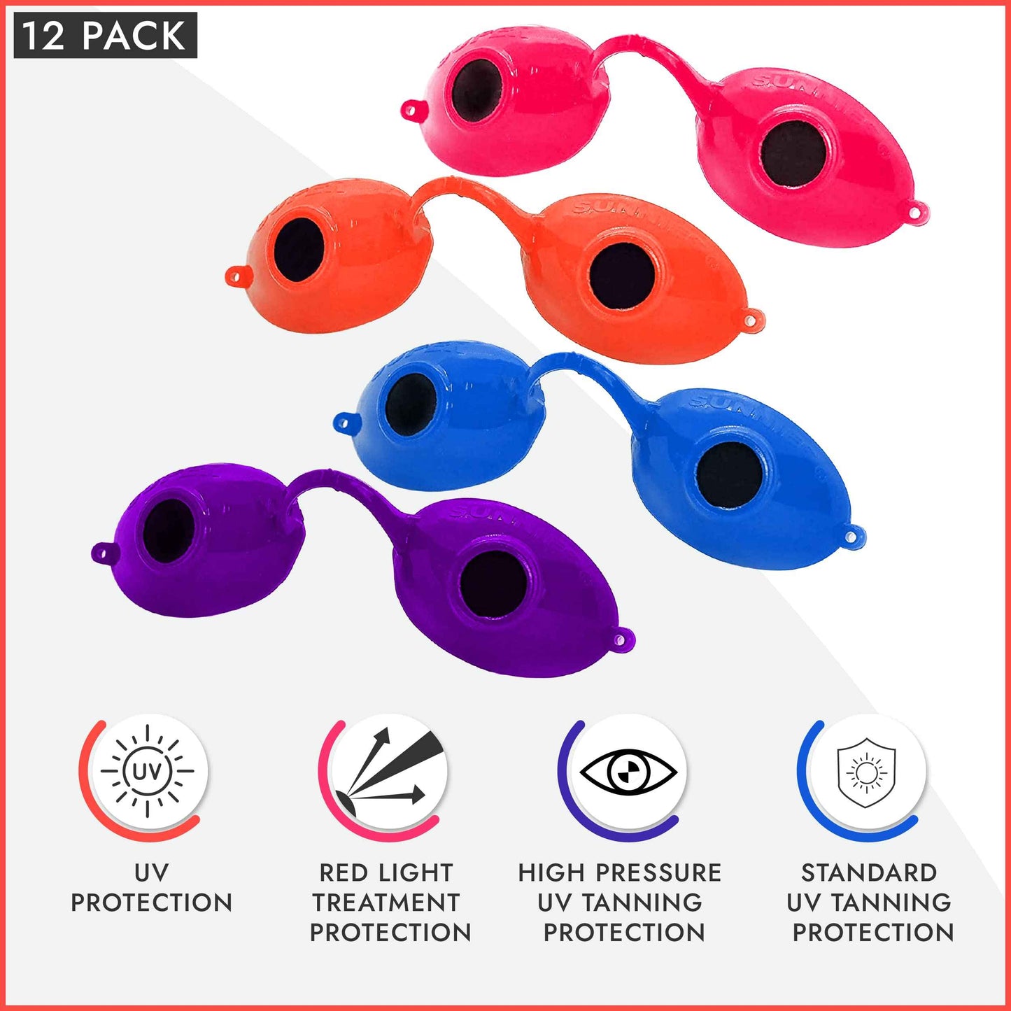 Super Sunnies UV Eye Protection FDA Compliant Eyeshields, Tanning Bed Goggles, Red Light Theraphy Glasses with Strap - 12 Pack Random