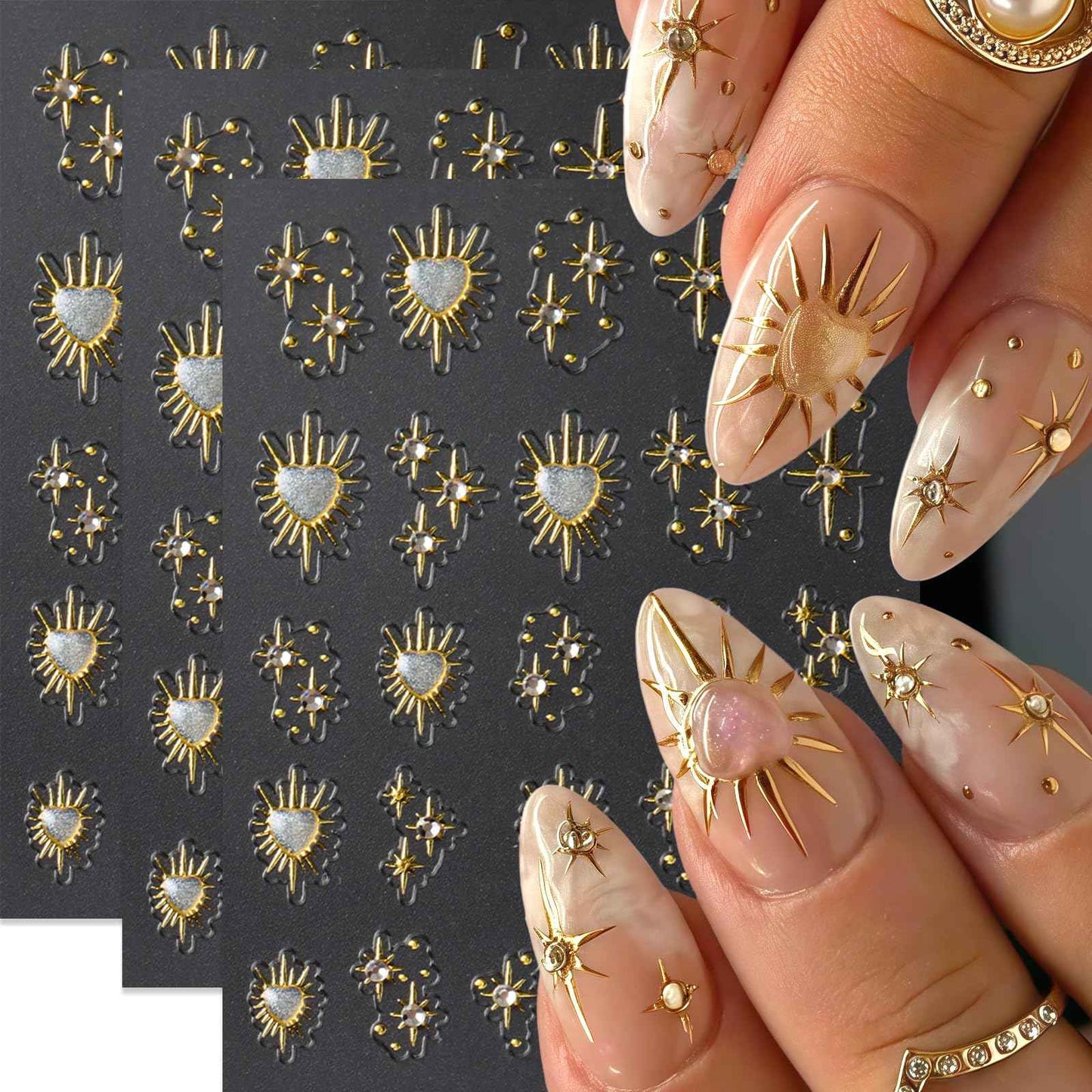 3 Sheets Star Nail Stickers for Nail Art 5D Embossed Gold Nail Decals with Heart Rhinestones Star Design Manicure Supplies Aurora Heart Metallic Star Nail Art Stickers for Women DIY Decor Accessories