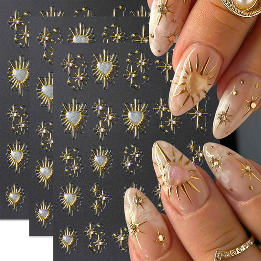 3 Sheets Star Nail Stickers for Nail Art 5D Embossed Gold Nail Decals with Heart Rhinestones Star Design Manicure Supplies Aurora Heart Metallic Star Nail Art Stickers for Women DIY Decor Accessories