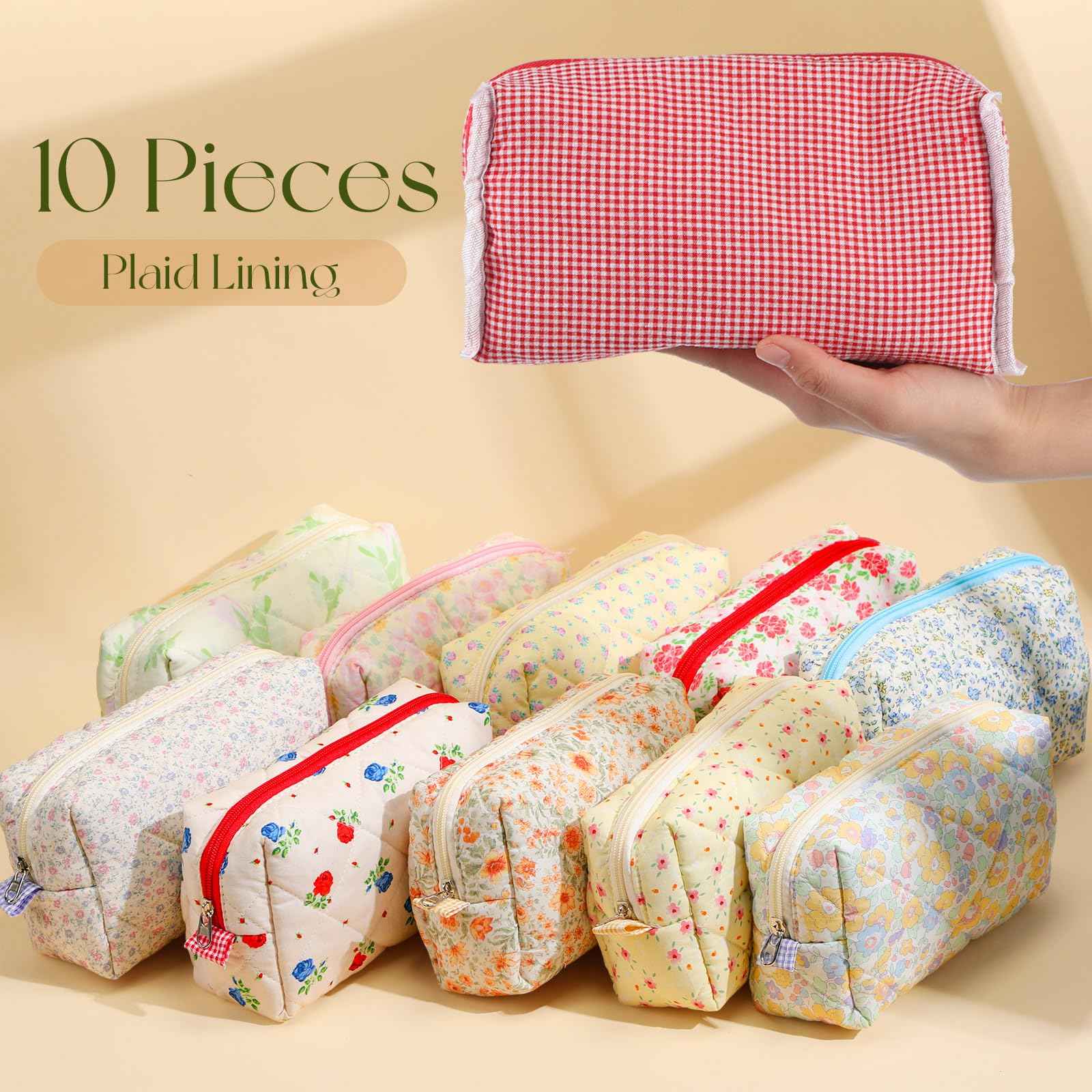 Paterr 10 Pcs Cotton Quilted Makeup Bag Bulk Cute Cosmetic Bag for Women Floral Gingham Coquette Aesthetic Travel Toiletry Pouch Bags Bridesmaid Gifts(Classic Style,7.87 x 4.72 x 3.15 Inches)
