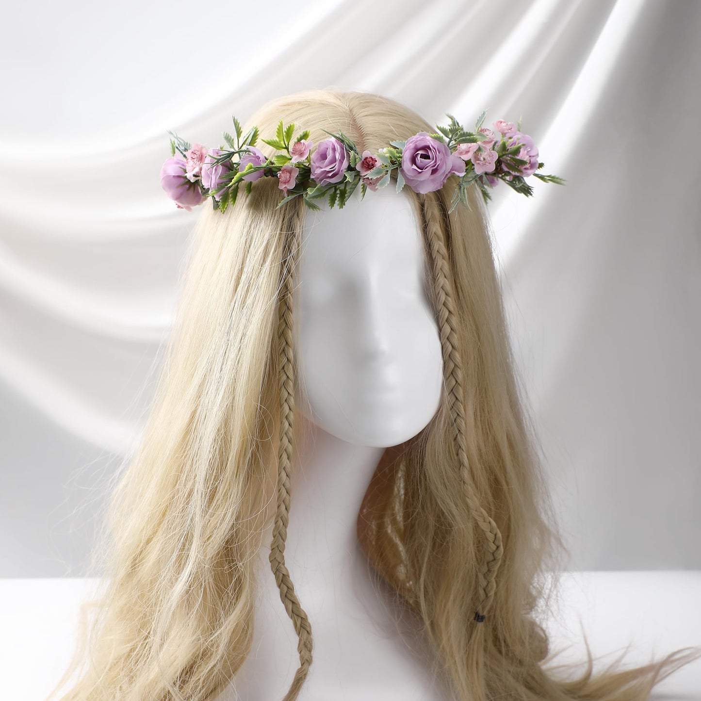 KorViSHOW Girl Purple Flower Crown - Traditional Round Rose Headband Elegant Headband Purple Flowers And Green Leaves Accessories Renaissance Festival Birthday Party Headband Wedding Shoot