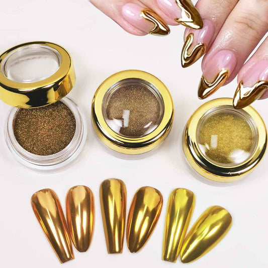 Mirror Chrome Powder Kit Holographic Metallic Gold Chrome Powder for Nails Dust Sequins UV Gel Pigment Decoration Gold Chrome Nail Powder Kit Yellow
