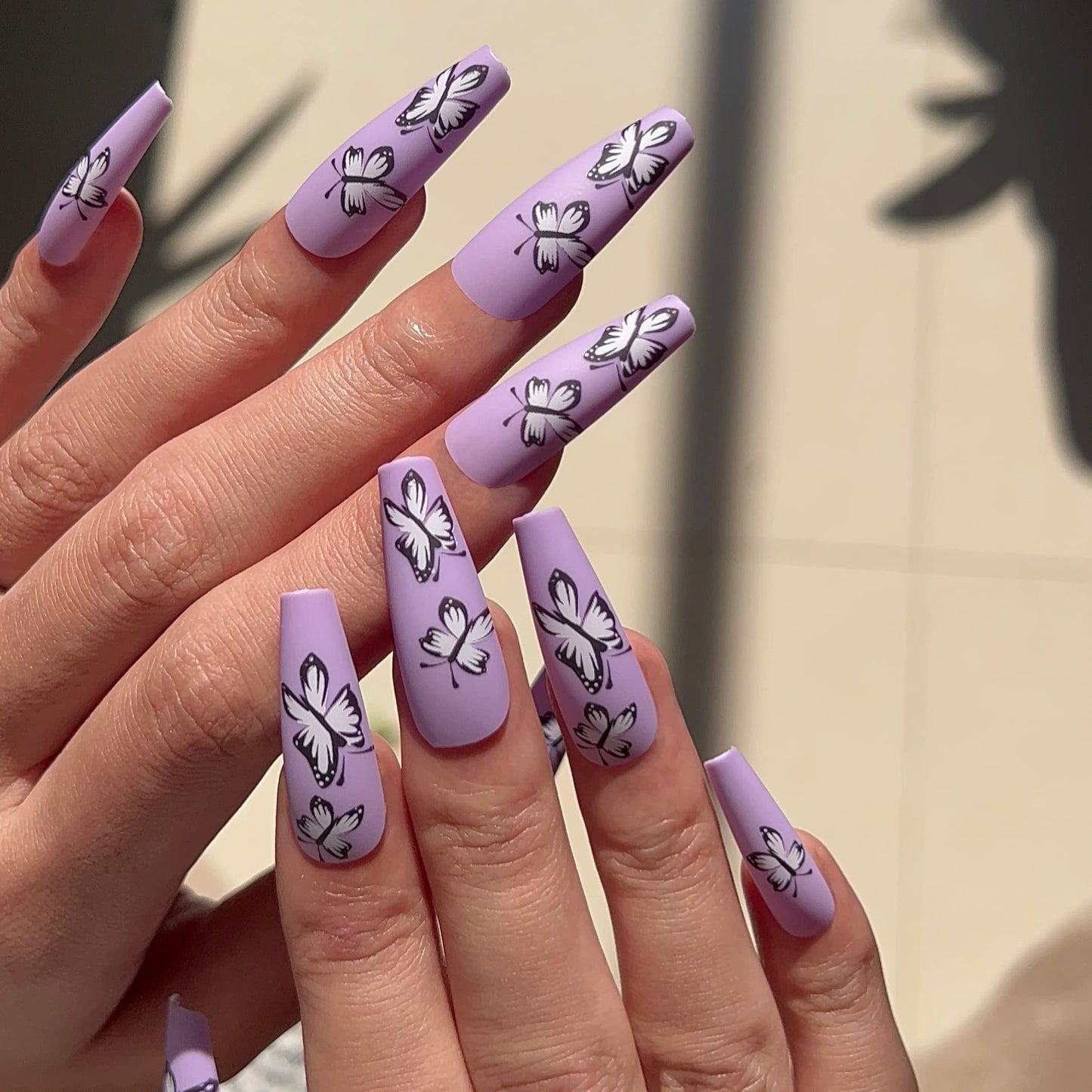 BABALAL Long Press on Nails Coffin Fake Nails Purple Acrylic Nails Matte False Nails Ballerina Stick on Nails for Women and Girls 24Pcs