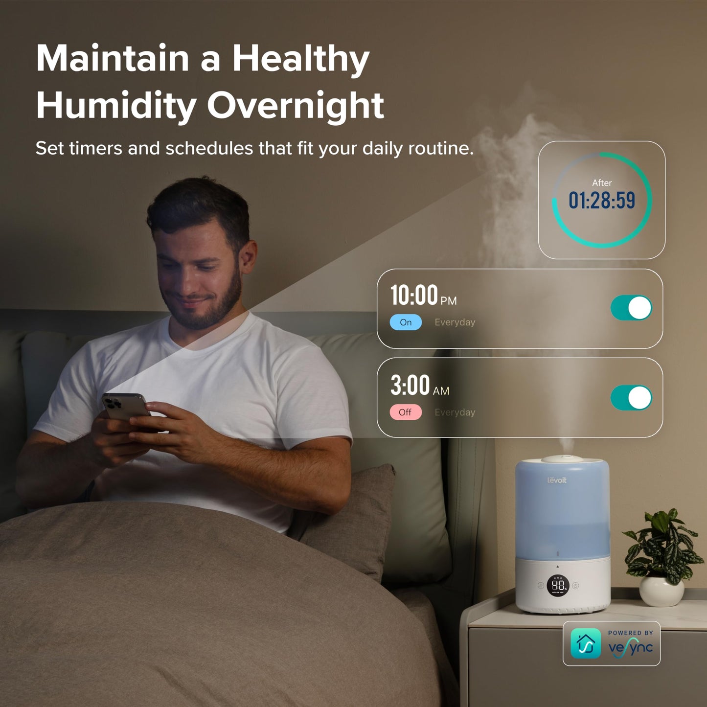 LEVOIT Dual 200S Smart Humidifiers for Bedroom, Top Fill, Customize Humidity for Home, Baby Nursery & Plants with Humidistat, Essential Oil Diffuser, Schedule, Timer, APP & Voice Control, 3L, Blue