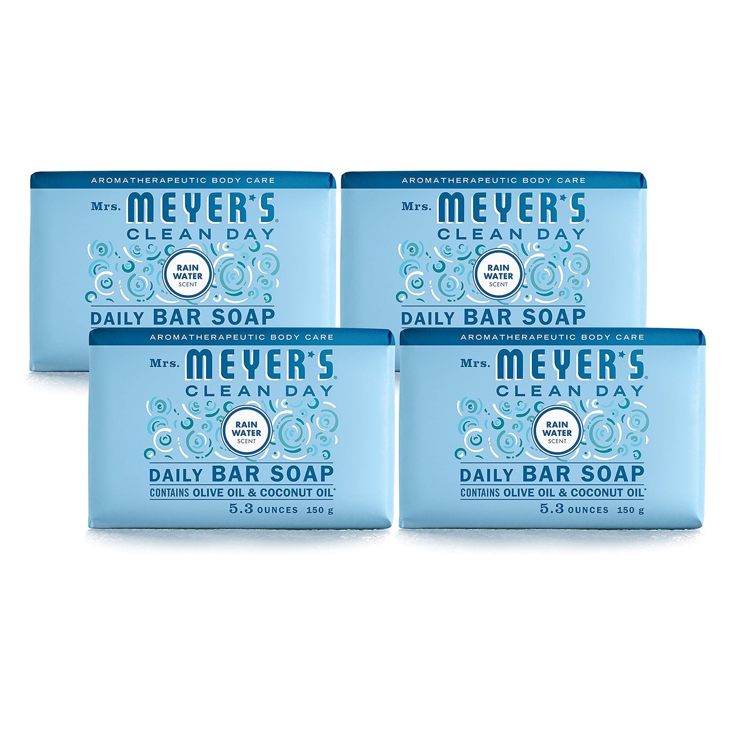 MRS. MEYER'S CLEAN DAY Bar Soap, Use as Body Wash or Hand Soap, Made with Essential Oils, Rain Water, 5.3 oz, 4 Bars