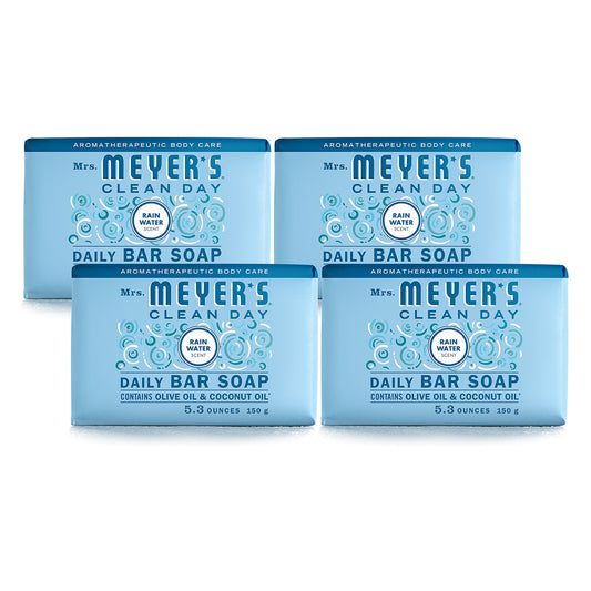 MRS. MEYER'S CLEAN DAY Bar Soap, Use as Body Wash or Hand Soap, Made with Essential Oils, Rain Water, 5.3 oz, 4 Bars