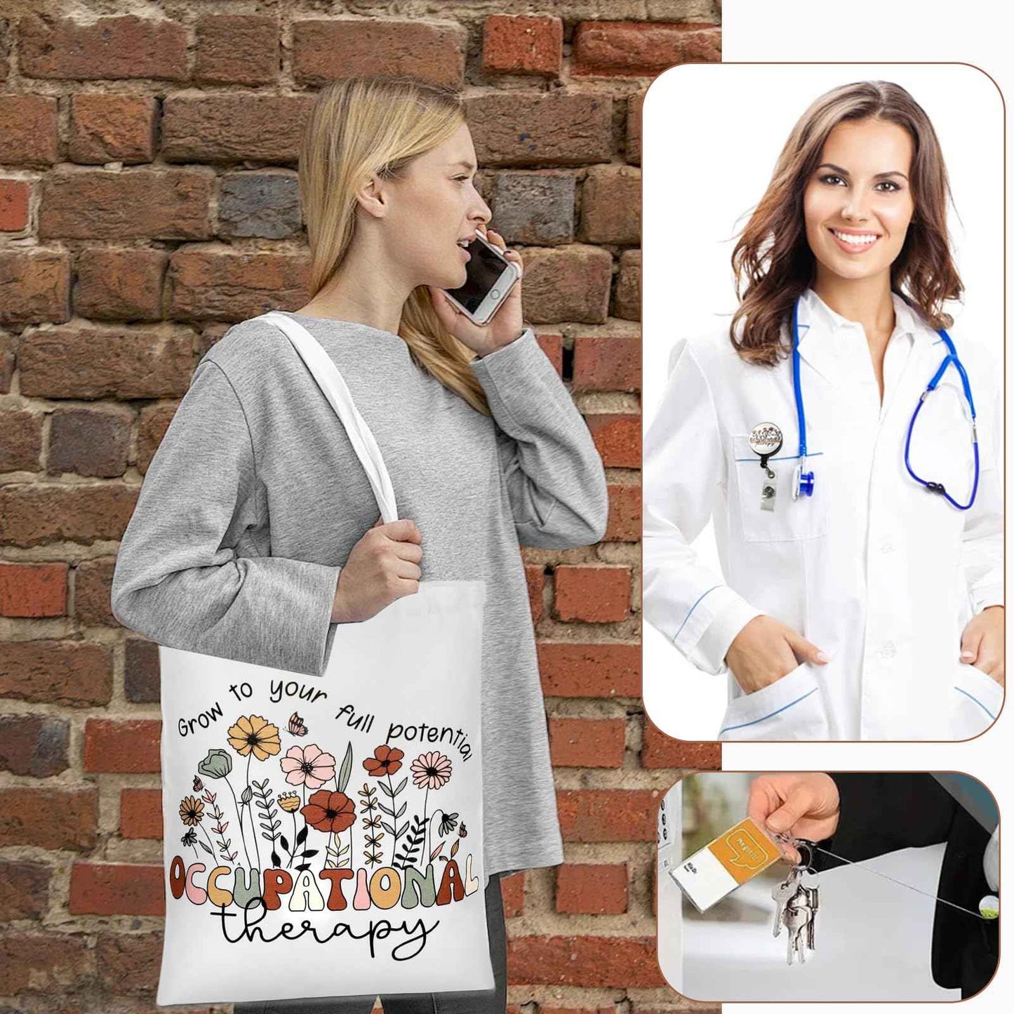 Occupational Therapy Gifts, Occupational Therapy Bag, 4 Pcs That Can Be Given to Professional Medical Practitioner, Including Tote Bag, Makeup Bag, Key Chain and Badge Holder to Show Your Appreciation