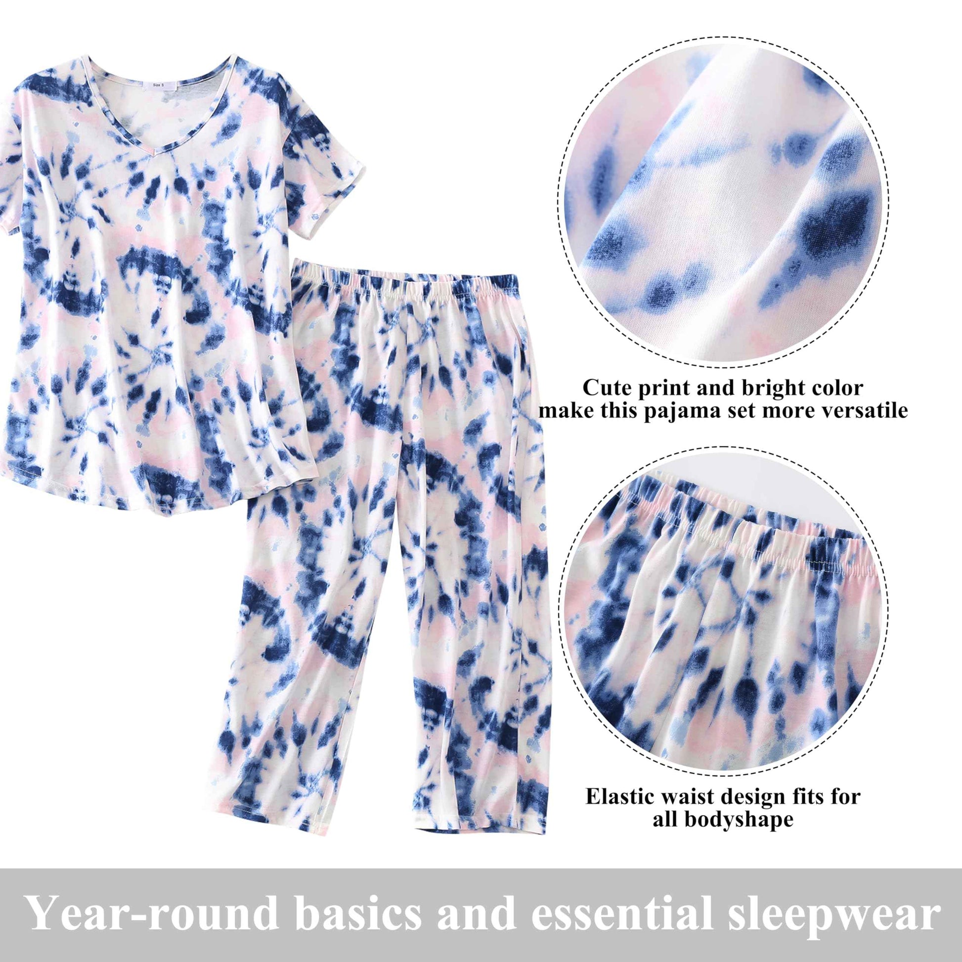PNAEONG Women Pajama Set Sleepwear Tops with Capri Pants Casual and Fun Prints Pajama Sets Pink Blue 2XL