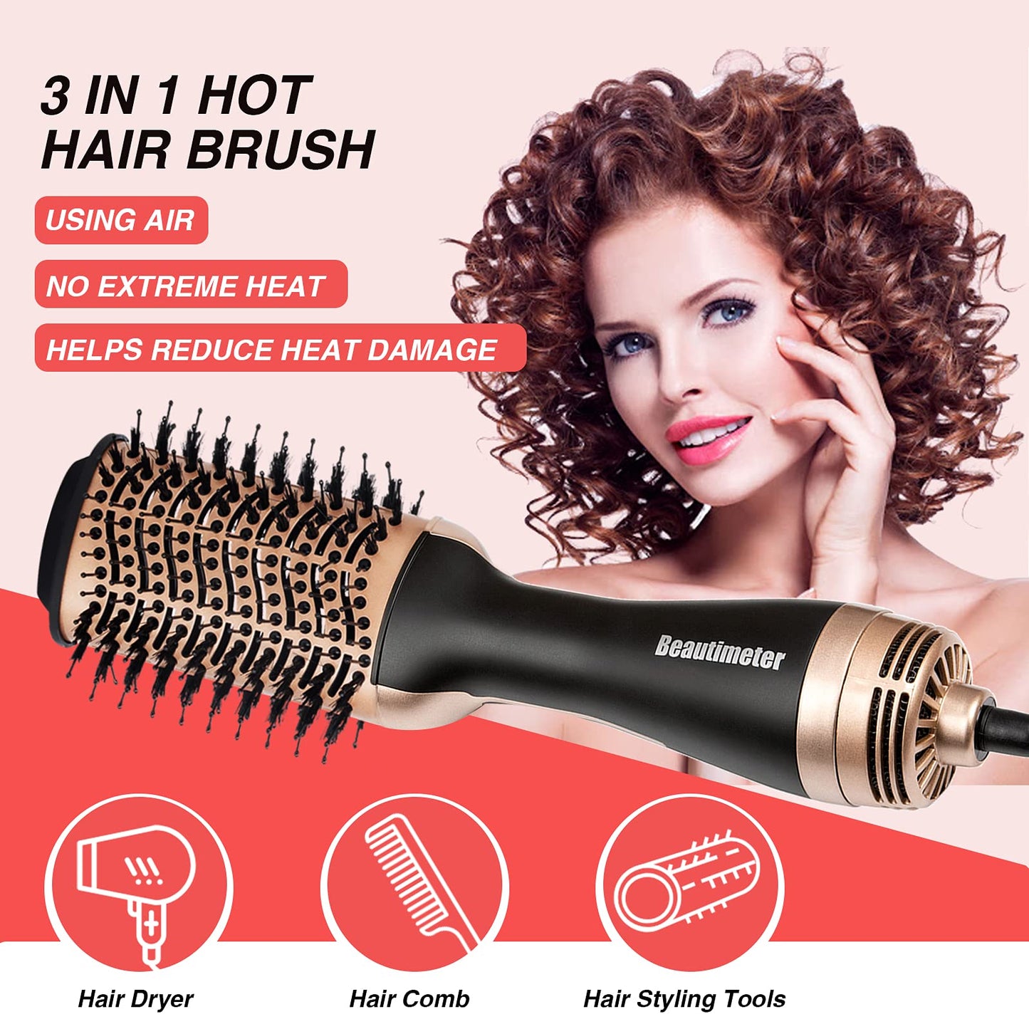 Beautimeter Hot Air Brush, Hair Dryer Brush & Volumizer, 3 in 1 Negative Ionic Hair Styler for Straightening, Curling, 1000W, Black & Gold