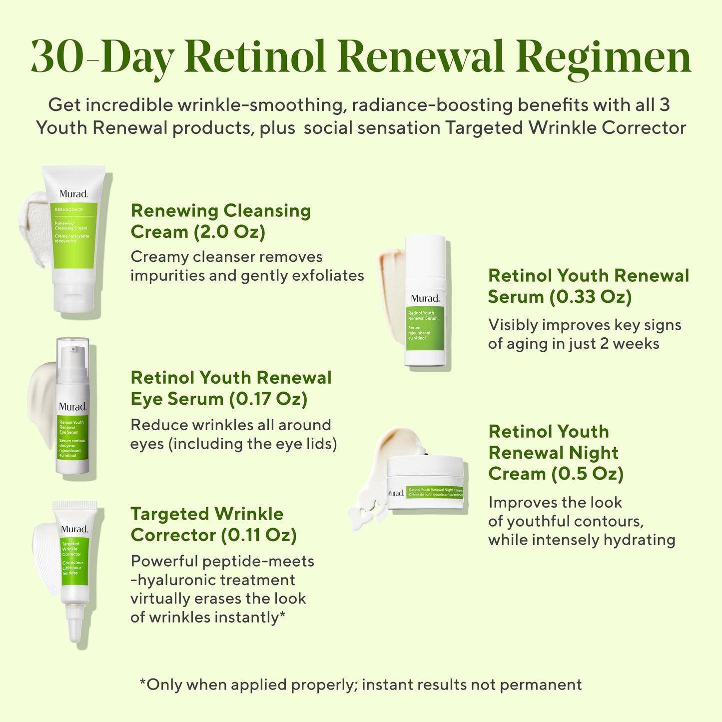 Murad 30-Day Resurgence Kit - 5-Piece Set Trial Size $123 Value - Renewing Cleansing Cream 2 OZ, Retinol Eye Serum .17 OZ, Wrinkle Corrector .11 OZ, Retinol Night Cream .5 OZ, & Retinol Serum .33 OZ