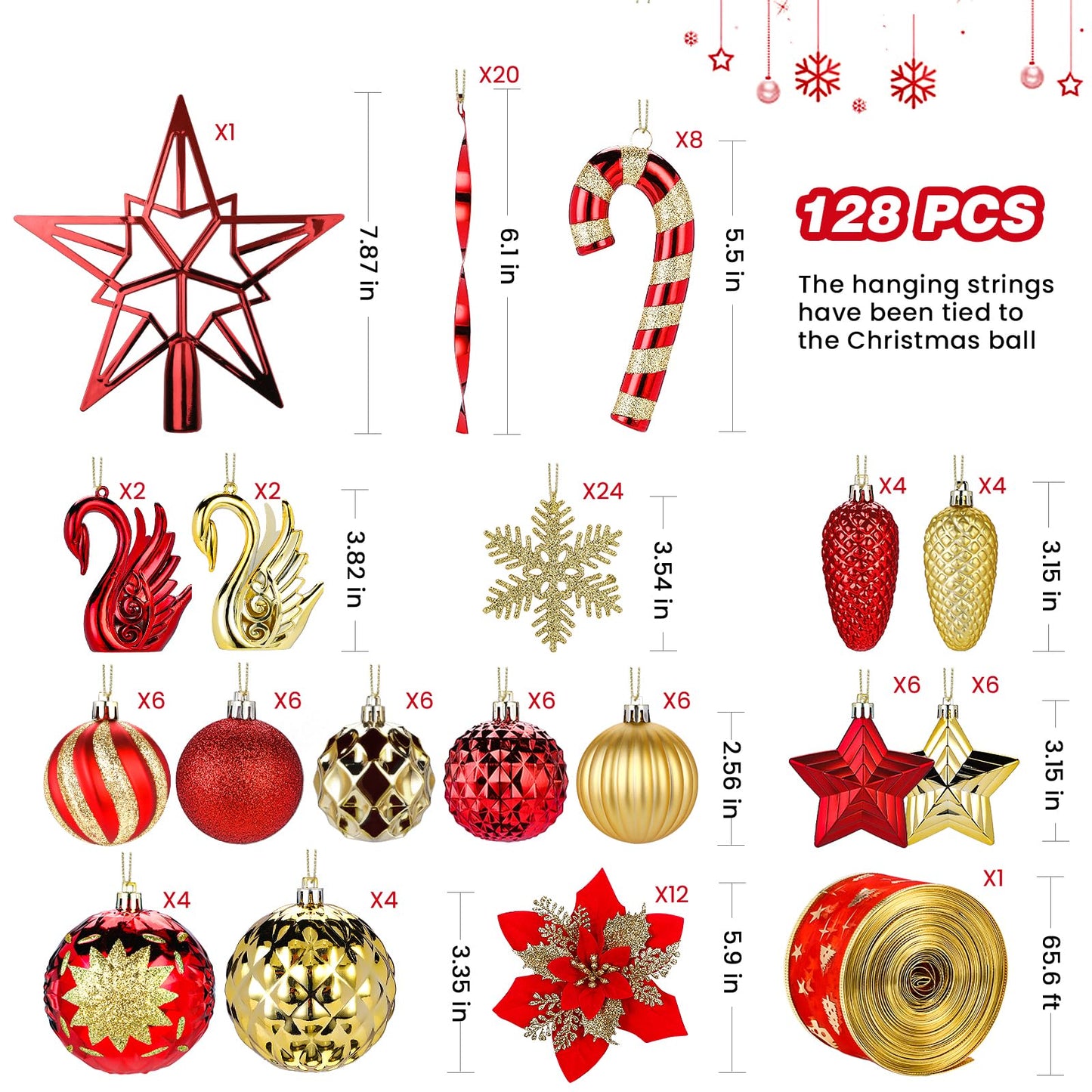 Alupssuc 128pcs Christmas Balls Ornaments Set, Shatterproof Plastic Baubles Christmas Flowers, Ribbon and Tree Topper for Xmas Tree Holiday Wedding Party Decorations with Hanging Strings, Red and Gold