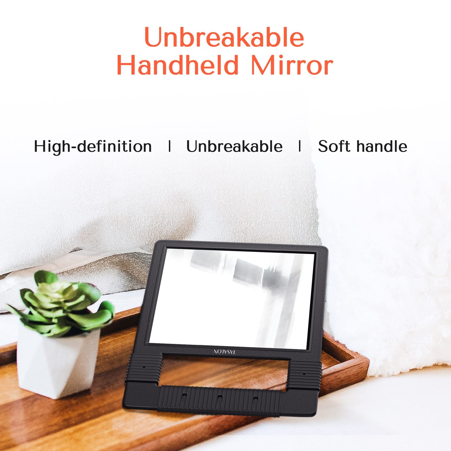 TASALON Hand Mirrors with Handle - Unbreakable Hand Mirror - Unbreakable Handheld Mirror with Silicone Handle for Barber Mirror, Salon Mirror, Makeup Mirror or Shower Mirror, Hand Held Mirror - Black