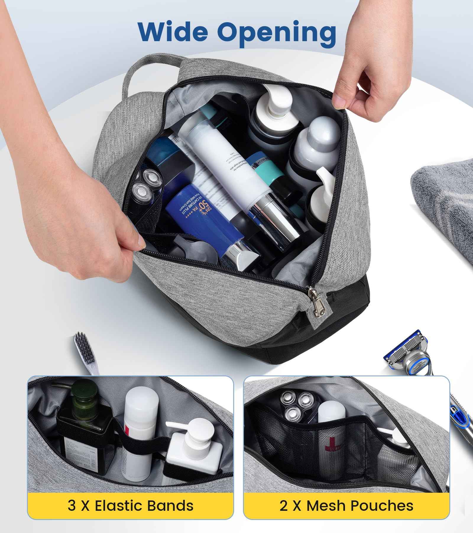 Vorspack Large Travel Toiletry Bag - Water Resistant Travel Bag for Toiletries, Cosmetics, Accessories, Gifts for Men - Black