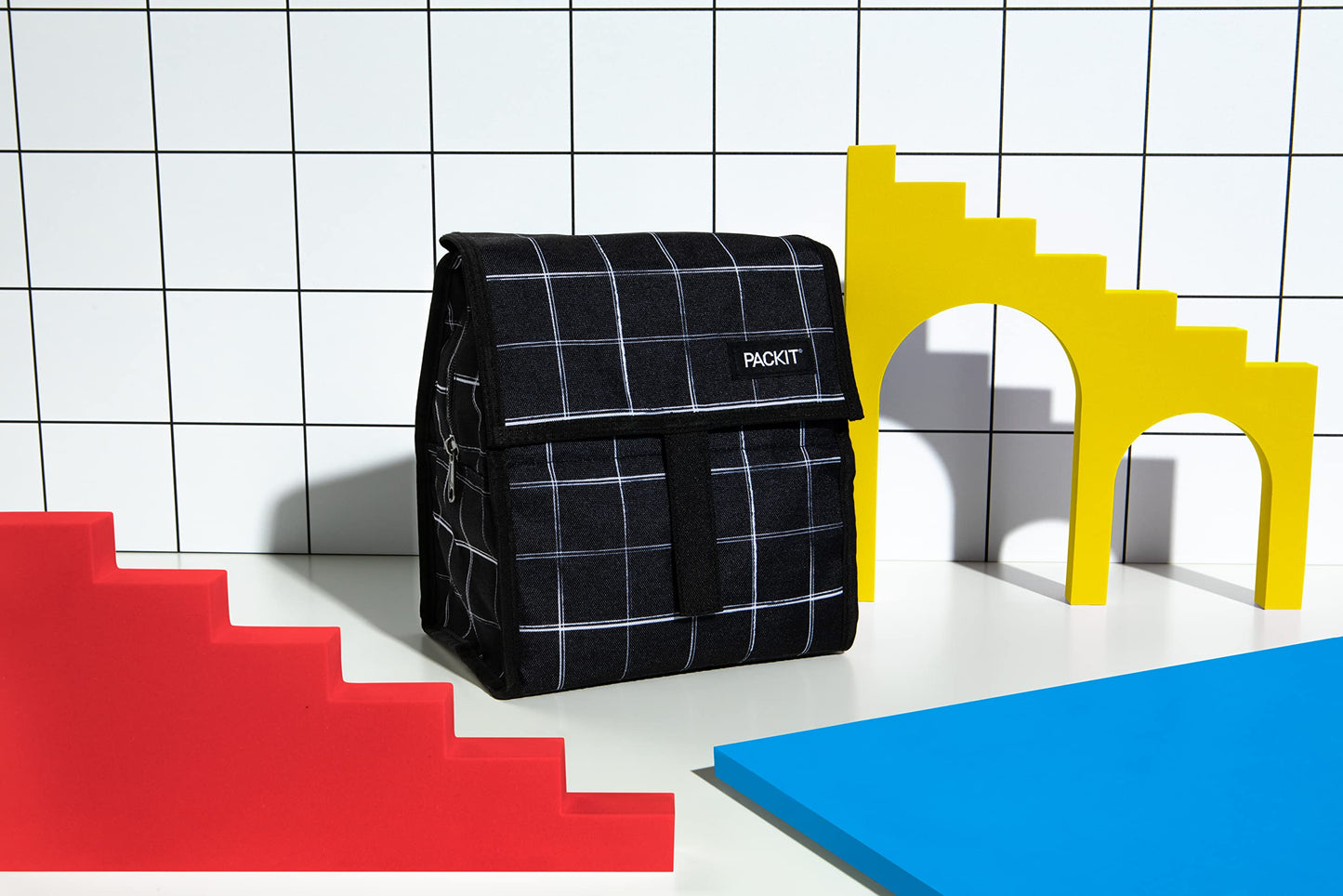 PackIt® Freezable Lunch Bag, Black Grid, Built with EcoFreeze® Technology, Foldable, Reusable, Zip and Velcro Closure with Buckle Handle, Perfect for Lunches Large