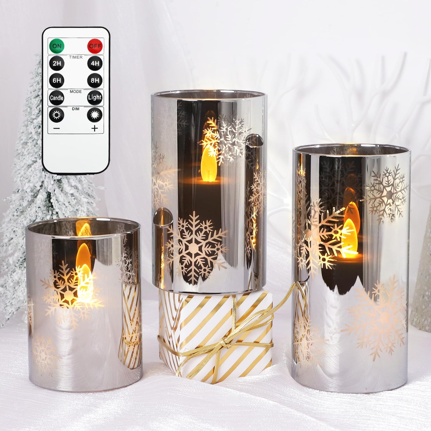 REVELBUNNY Christmas Flameless Candles Snowflake Battery Operated LED Flickering Candles with Remote Timer, Electroplate Glass Pillar Candle for Home Wedding Party Winter Holiday Decor Set of 3