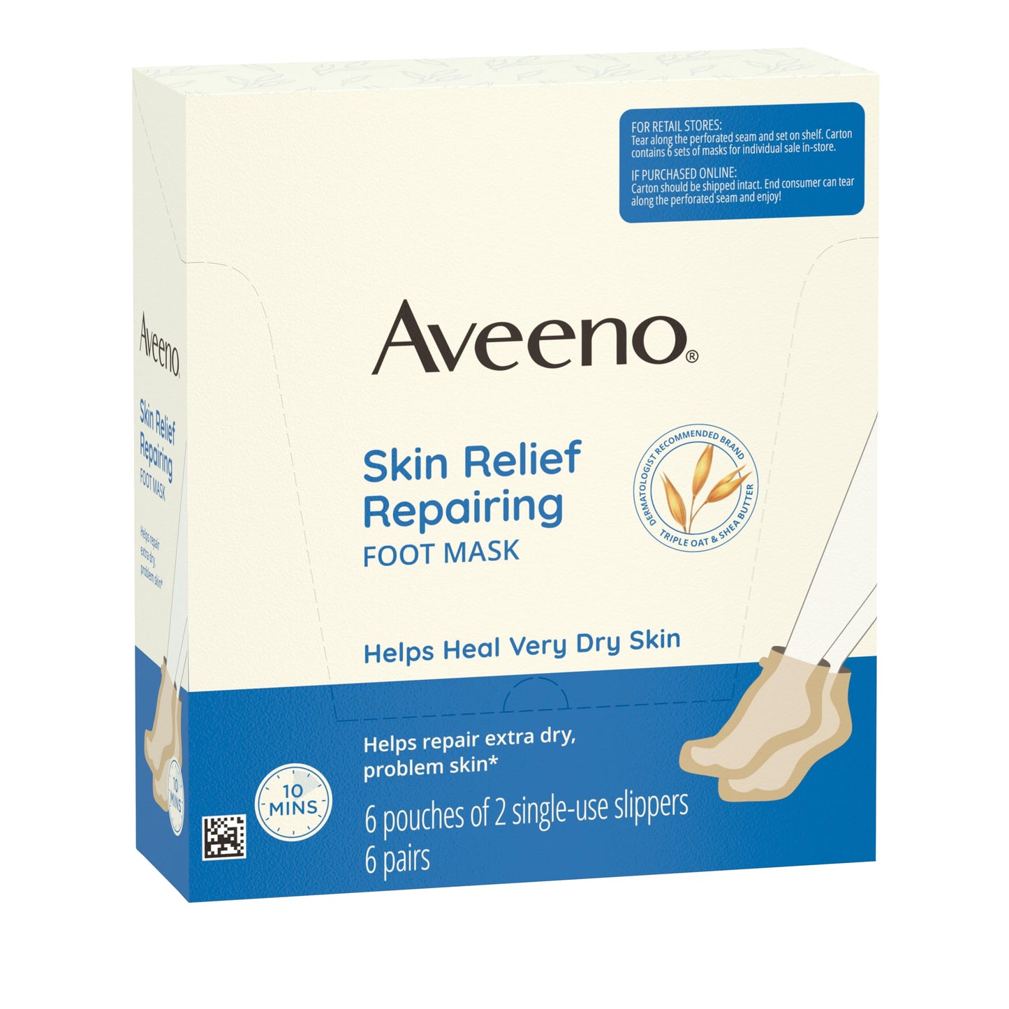 Aveeno Skin Relief Repairing Foot Mask, Moisturizing Socks with Prebiotic Oat & Shea Butter for Very Dry Skin, Foot Care for Sensitive Skin, Fragrance-Free, Value Pack, 6 Pairs of Single-Use Slippers