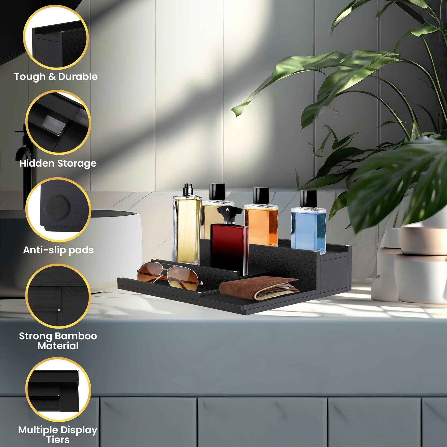 Cologne Organizer for Men - 3-Tier Solid Wood Cologne Stand with Hidden Compartments, Multi-Purpose Perfume Organizer and Display Shelf for Organizing Accessories, Ideal Gift for Men