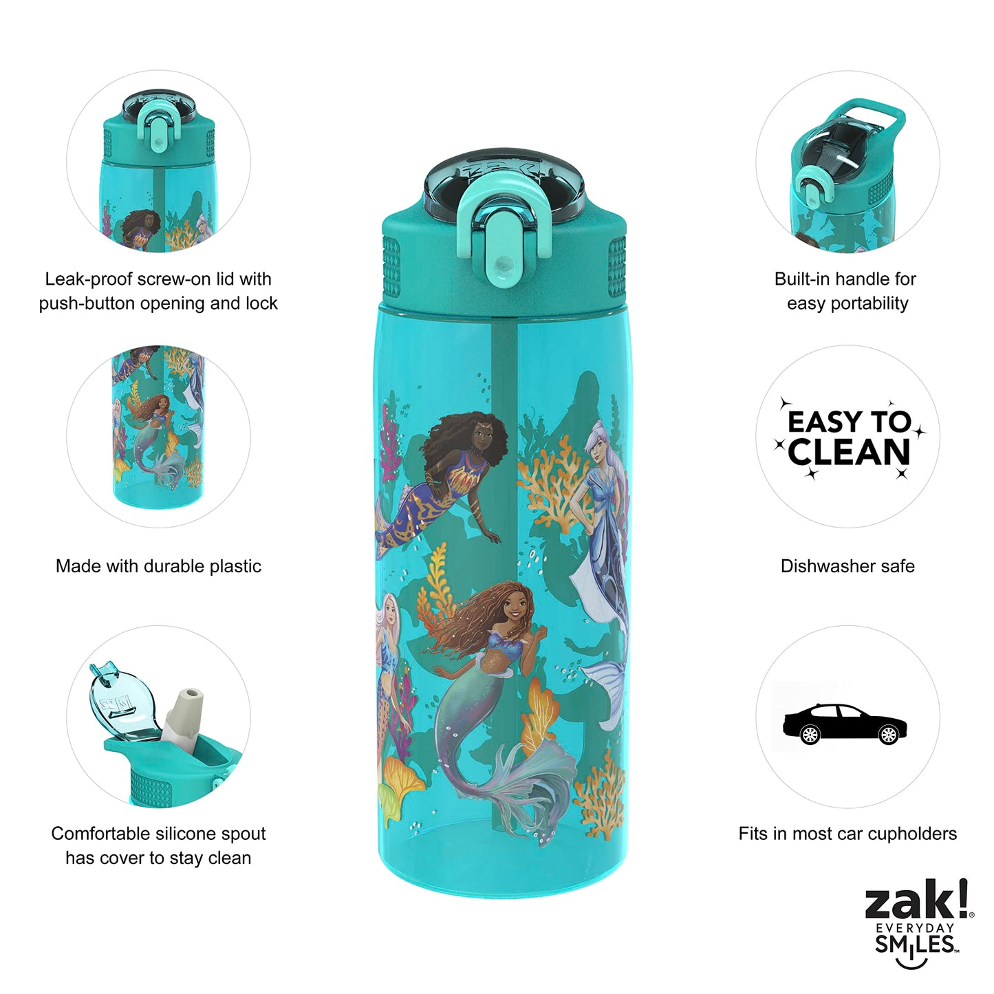 Zak Designs Disney The Little Mermaid 2023 Kids Water Bottle For School or Travel, 25oz, Durable Plastic, with Pop-Up Antimicrobial Spout and Cover, Handle, and Leak-Proof (Ariel and Sisters)