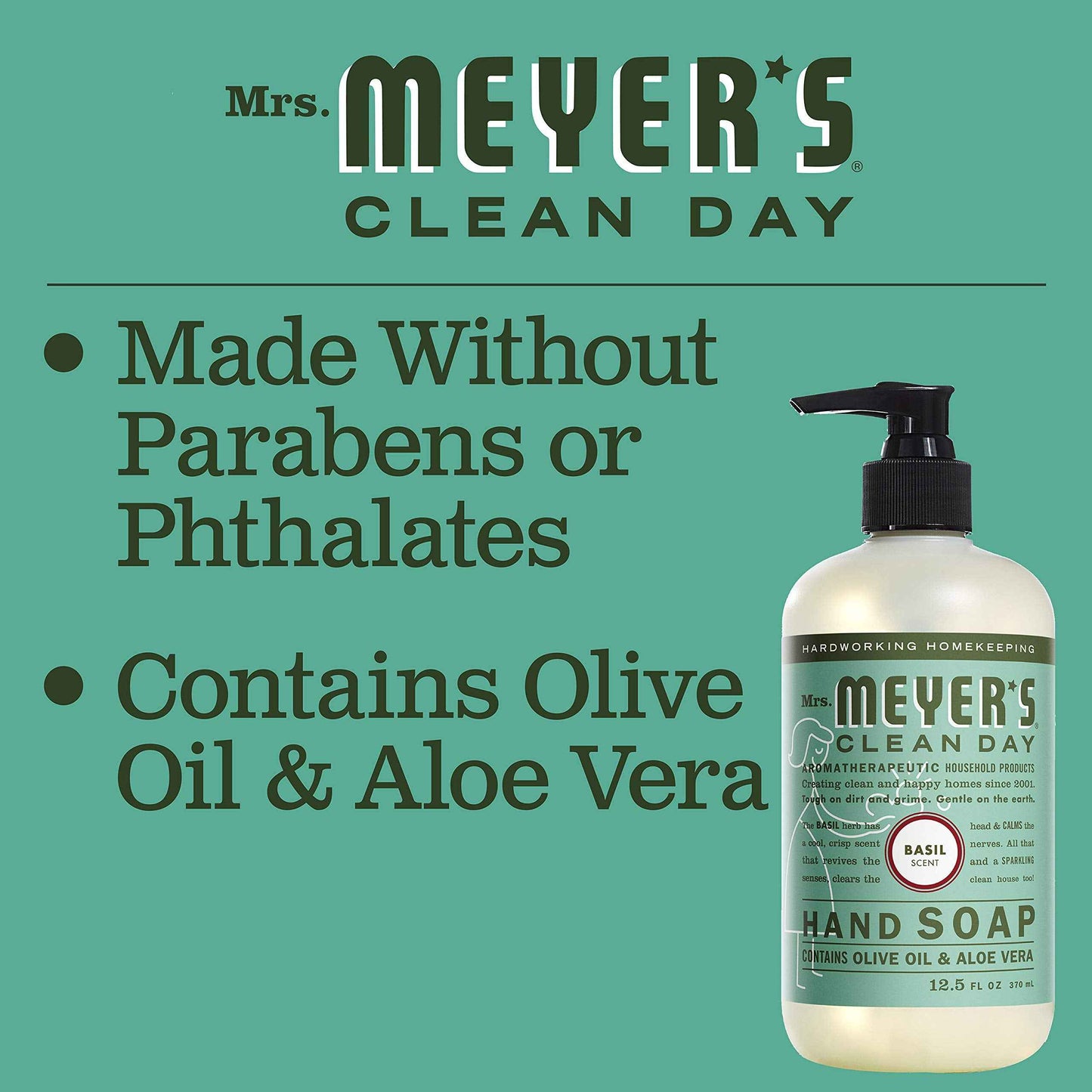 MRS. MEYER'S CLEAN DAY Liquid Hand Soap, Cruelty Free and Biodegradable Hand Wash Made with Essential Oils, Basil Scent, 12.5 oz - Pack of 6