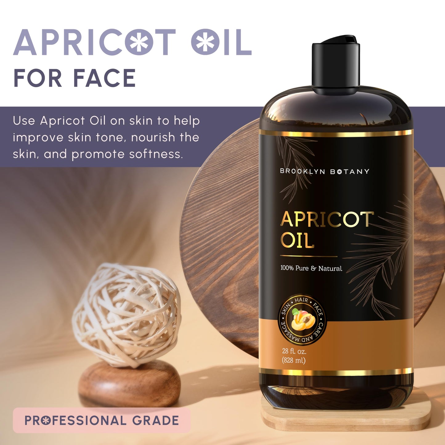 Brooklyn Botany Apricot Kernel Oil for Skin, Hair and Face – 100% Pure and Natural Body Oil and Hair Oil - Carrier Oil for Essential Oils, Aromatherapy and Massage Oil – 28 fl Oz