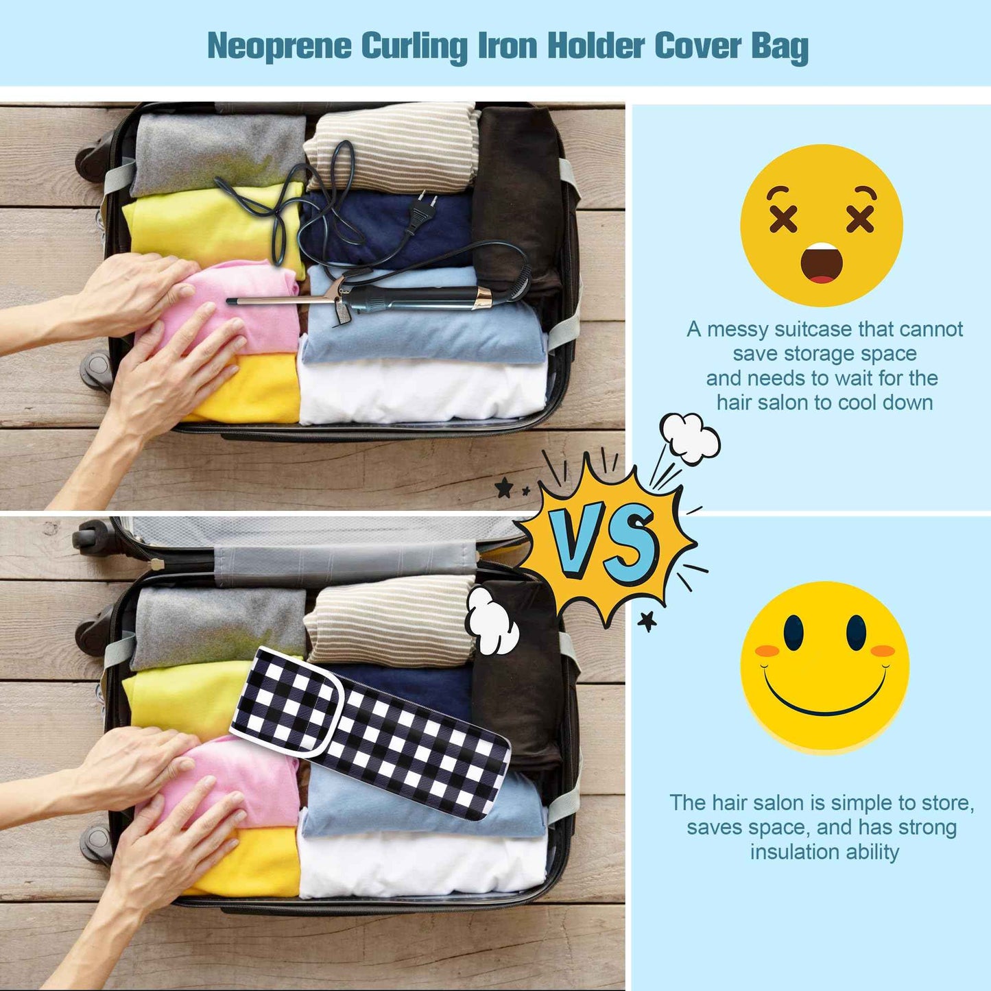 ALEIFLE Women's Heat Resistant Neoprene Curling Iron Holder Flat Iron Curling Wand Travel Storage Cover Case Bag Pouch -Water-Resistant (Black lattice)