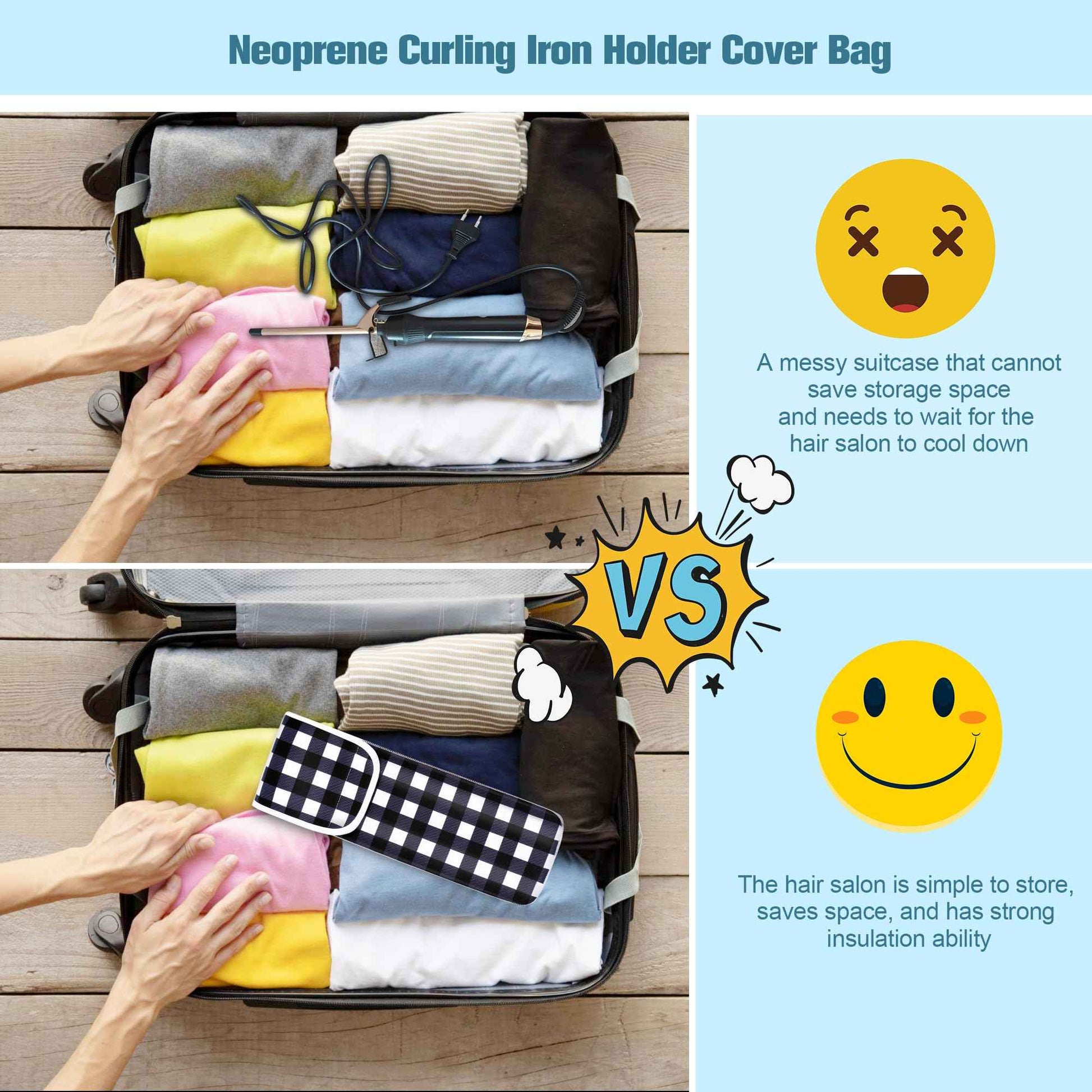 ALEIFLE Women's Heat Resistant Neoprene Curling Iron Holder Flat Iron Curling Wand Travel Storage Cover Case Bag Pouch -Water-Resistant (Black lattice)