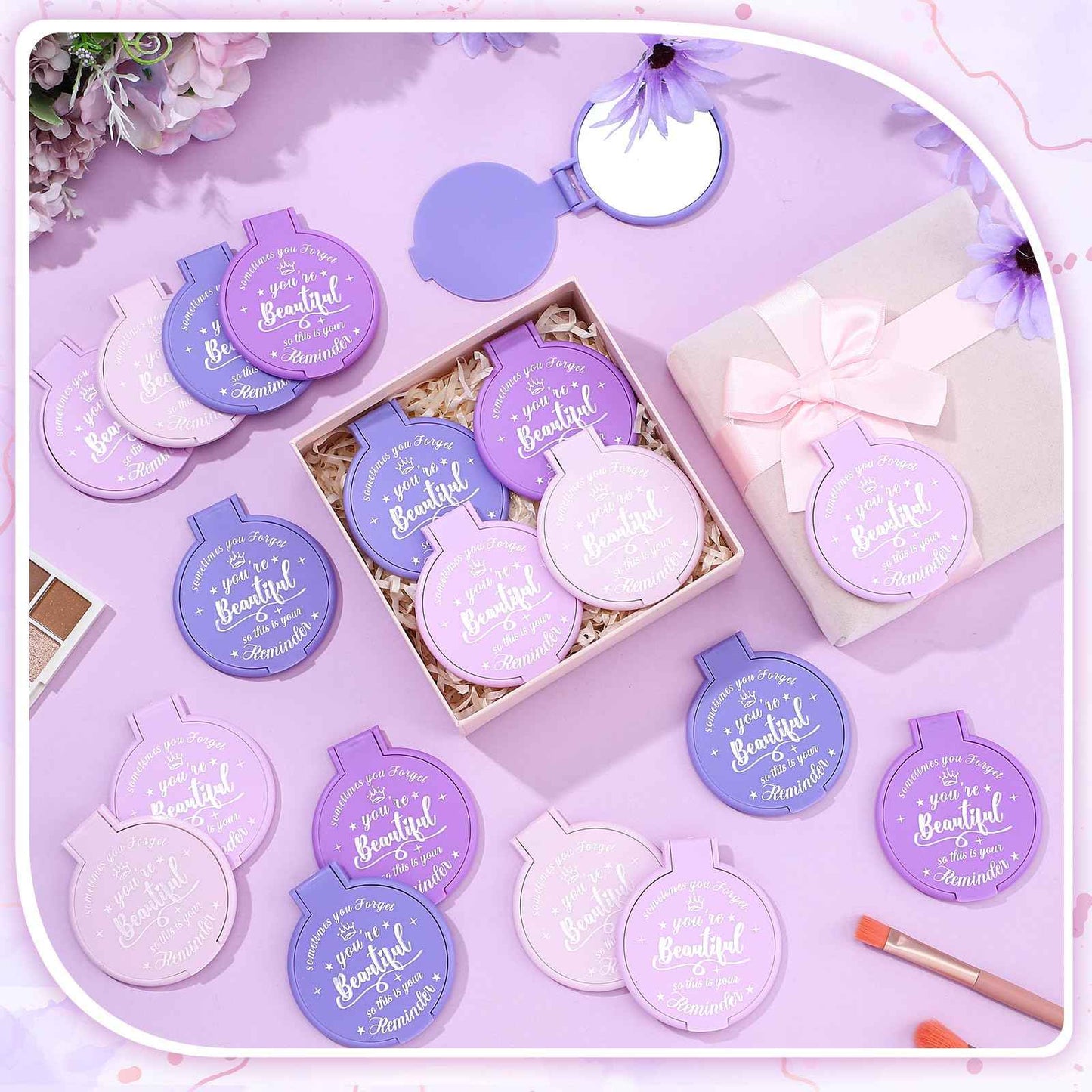 Gulfmew 100 Pcs 2.76 Inch Inspirational Compact Mirror Bulk Party Favors Quinceanera Gift Purse Small Mirror Pocket Mini Gifts for Women Adult Coworker Halloween Christmas Friends (Purple Series)