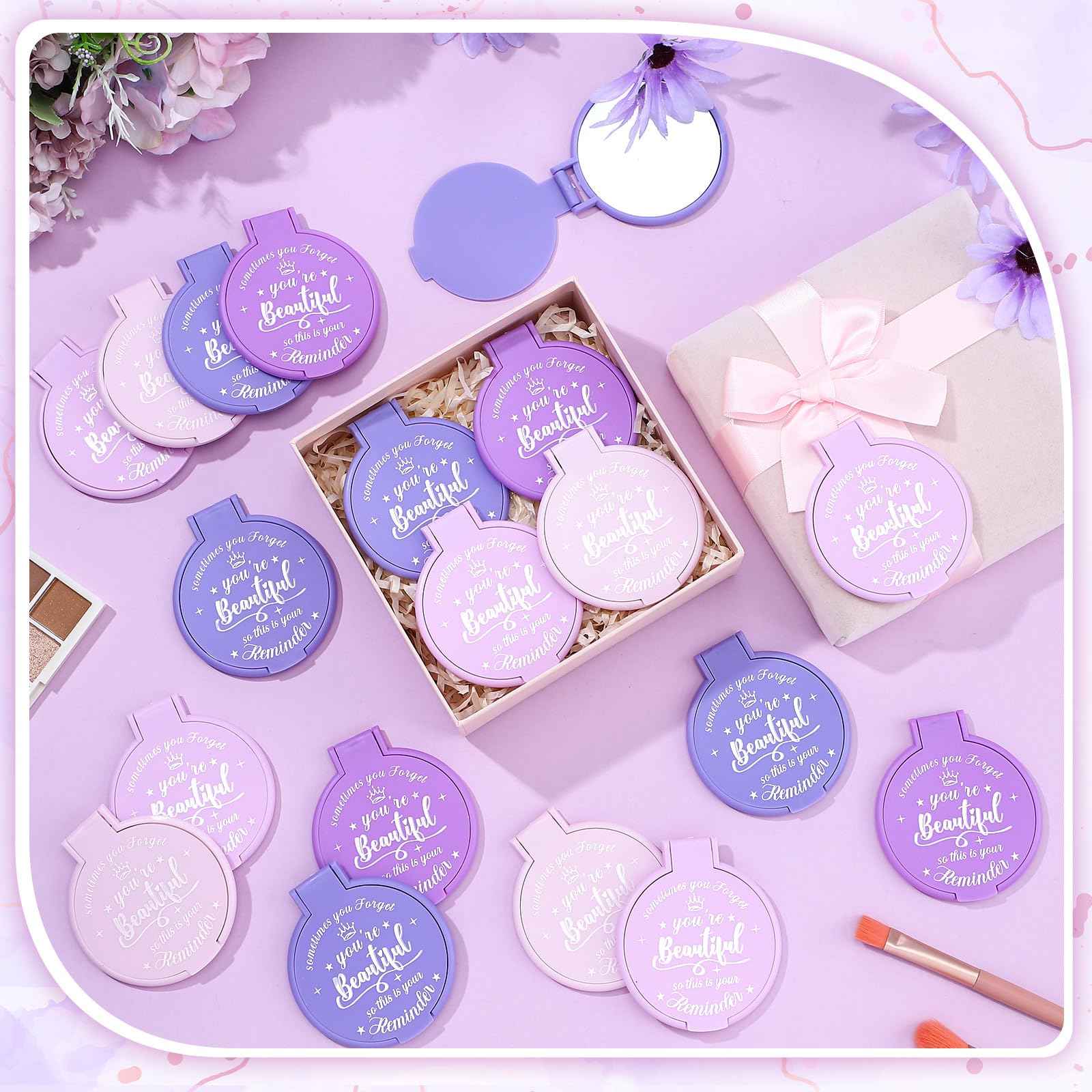Gulfmew 100 Pcs 2.76 Inch Inspirational Compact Mirror Bulk Party Favors Quinceanera Gift Purse Small Mirror Pocket Mini Gifts for Women Adult Coworker Halloween Christmas Friends (Purple Series)