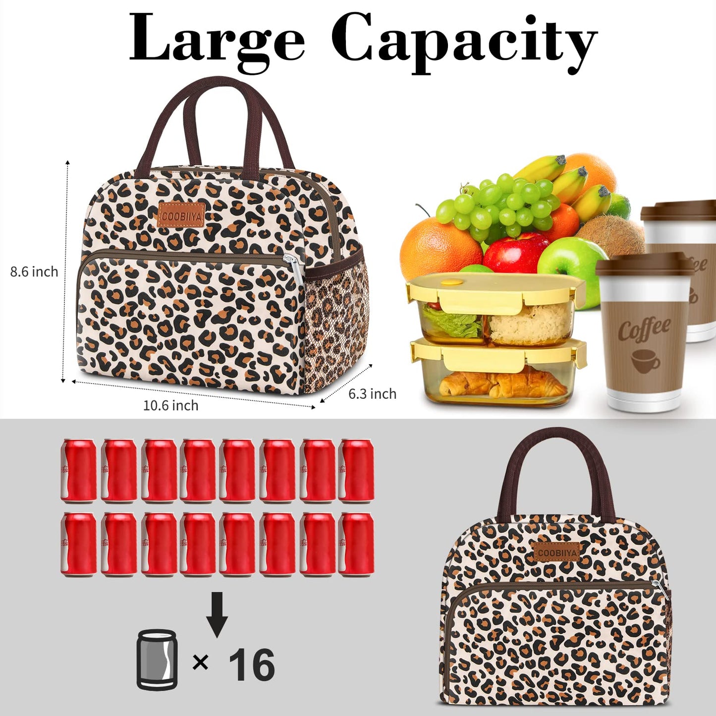 Coobiiya Lunch Bag Women, Lunch Box Lunch Bag for Women Adult Men, Small Leakproof Cute Lunch Tote Large Capacity Reusable Insulated Cooler Lunch Container for Work/Office/Picnic/Travel-Leopard