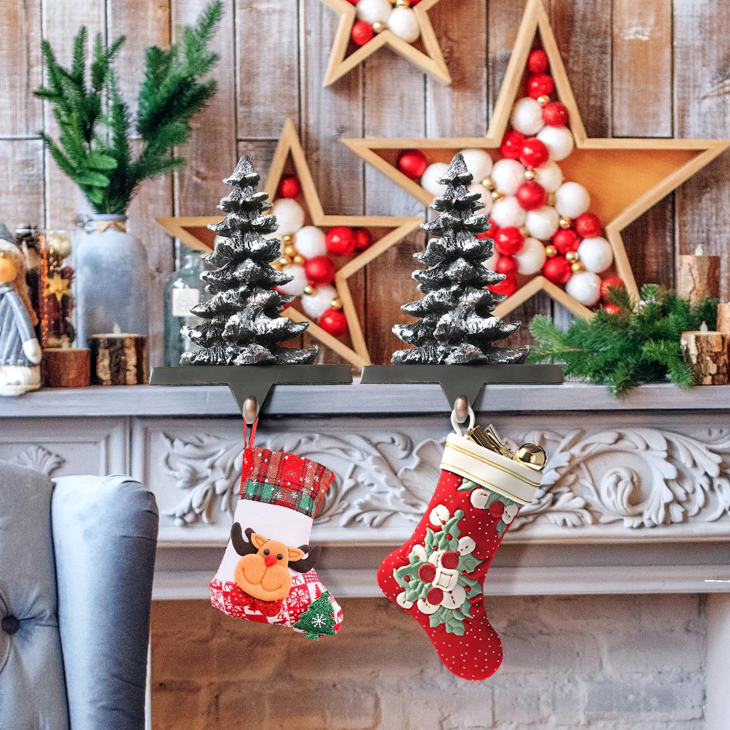 Shank Ming 2 Pack Christmas Stocking Holders for Mantle, Heavy Duty Anti-Slip 3D Metal Stocking Hangers for Counter Tables Window Fireplace Mantle Home Xmas Decorations