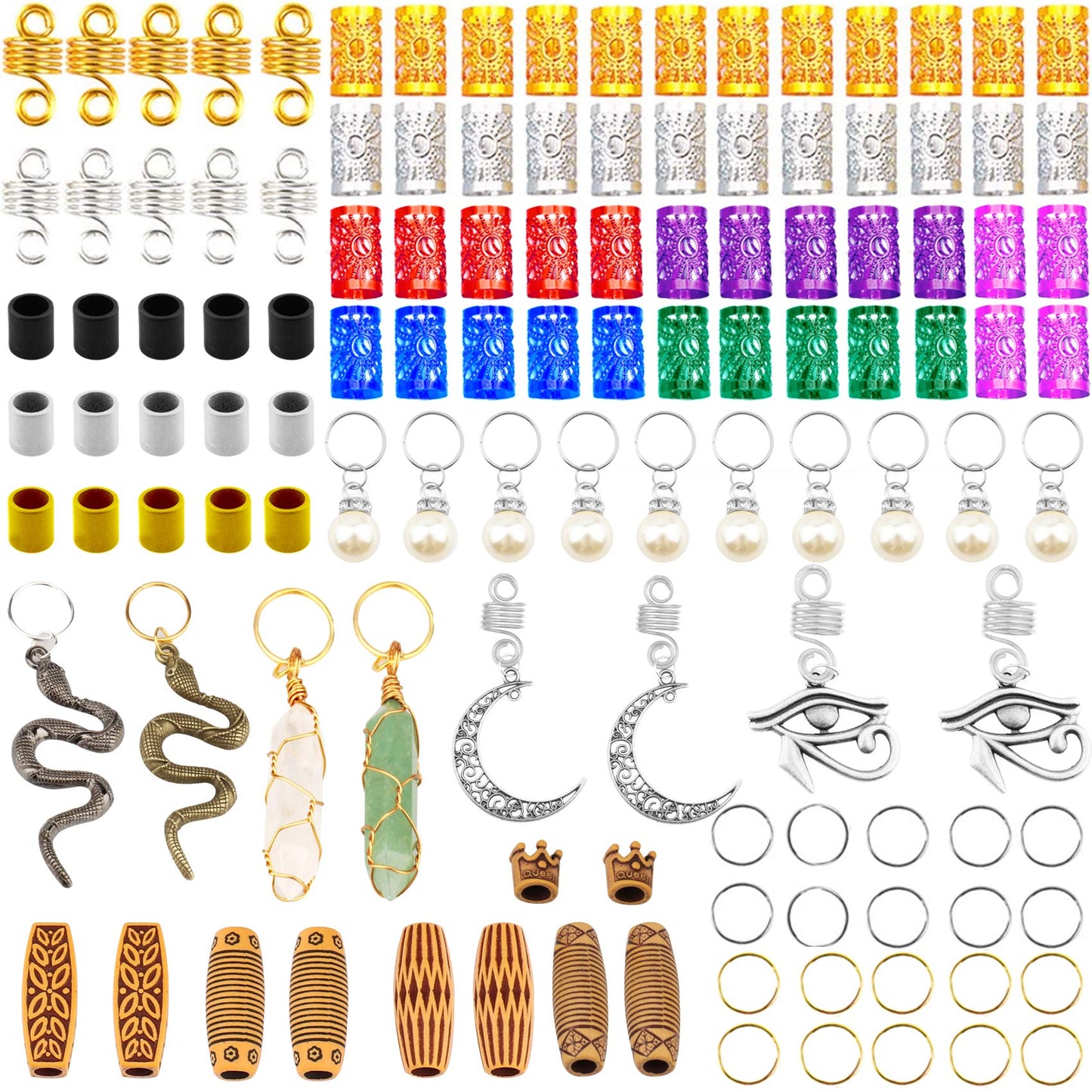 Messen 121PCS Hair Jewelry Dreadlocks Crystal Wire Wrapped Loc Adornment Imitation Wood Beads Braiding Cuffs Beard Tube Beads Hair Coils Rings Pearl Hair Pendants for Braids