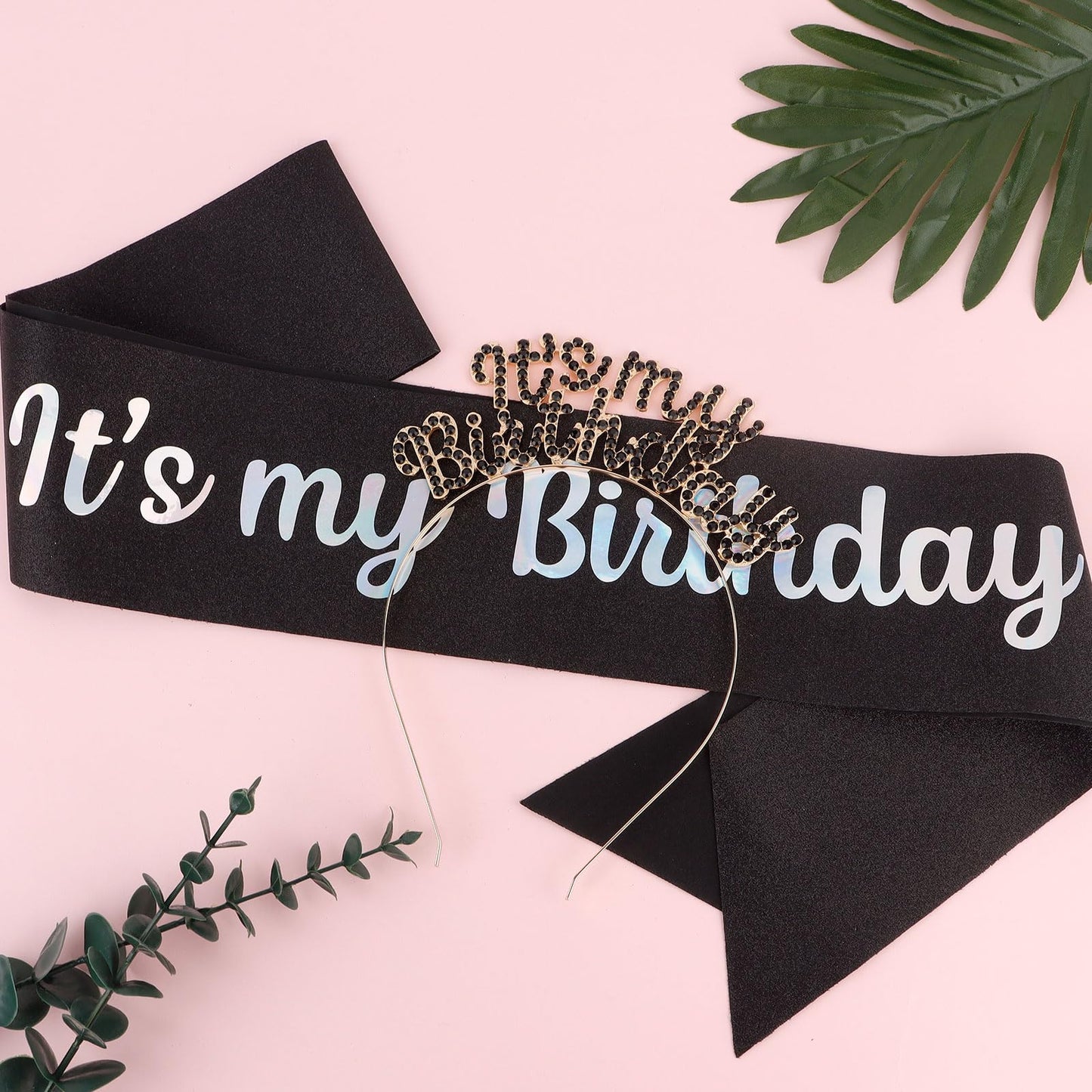 BAHABY It's My Birthday Sash & Rhinestone Tiara Set, Black - Princess Hairband for Women, Birthday Party Decorations for Wife, Mom, Sisters, Friends and Family