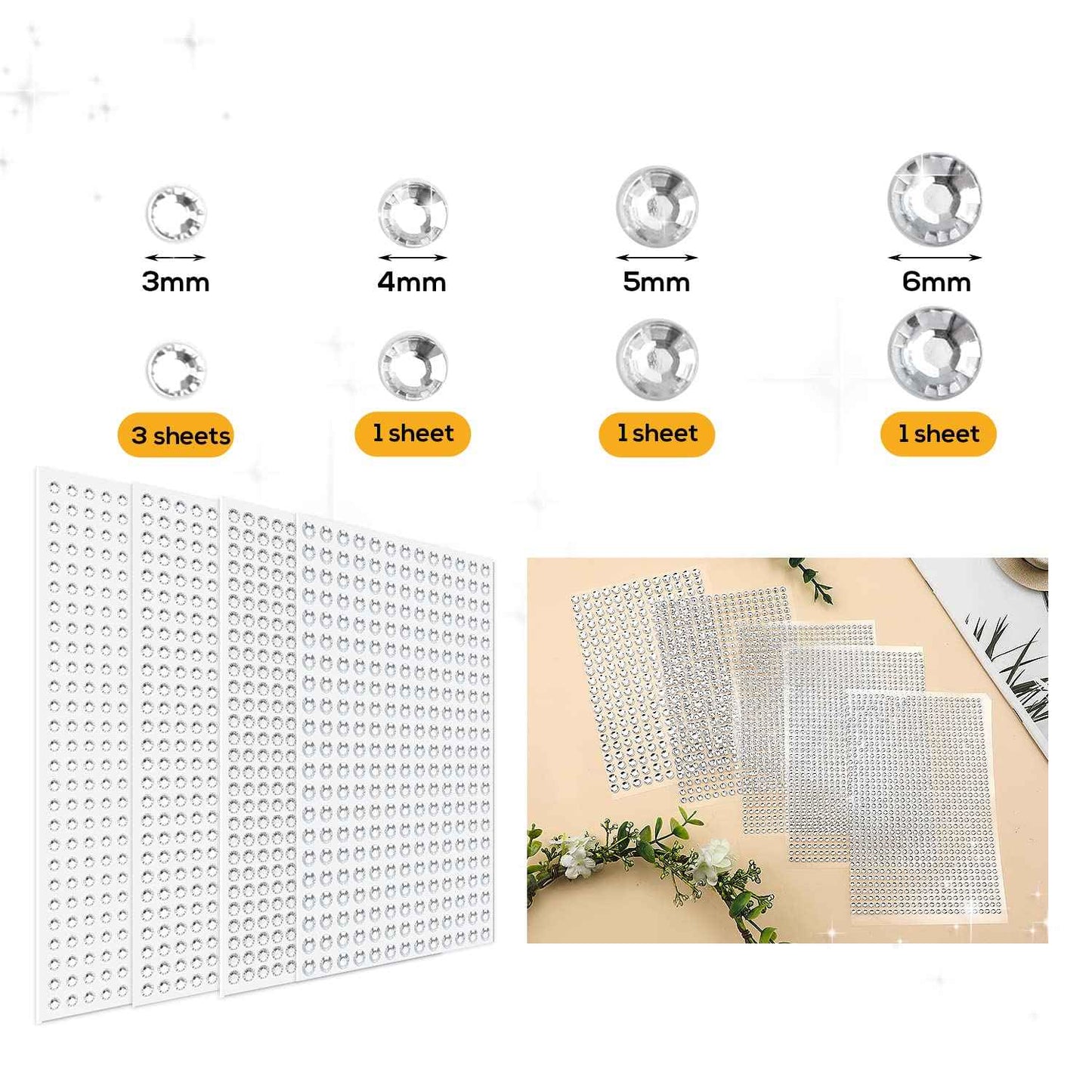 3729pcs Self Adhesive Rhinestone Stickers, Clear Rhinestone Stickers Crystal Gem Stickers 3/4/5/6mm for Makeup Stick on Face Jewels Decoration Nail Hair Crafts