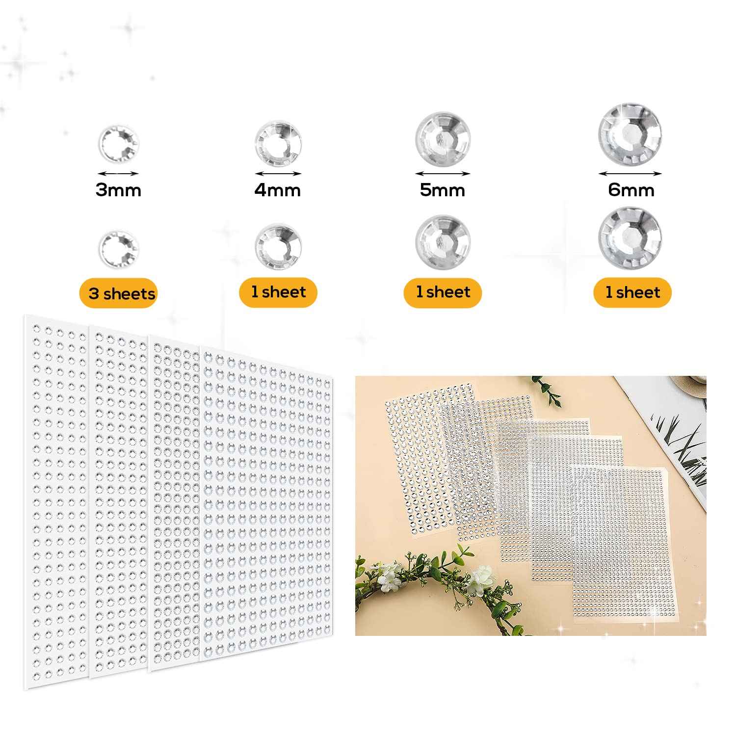 3729pcs Self Adhesive Rhinestone Stickers, Clear Rhinestone Stickers Crystal Gem Stickers 3/4/5/6mm for Makeup Stick on Face Jewels Decoration Nail Hair Crafts