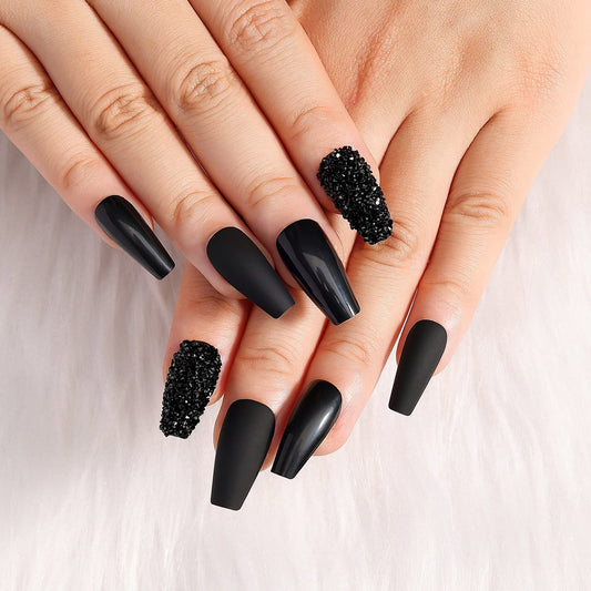 Artquee 24pcs Press on Nails with 3D Rhinestones Black Medium Long Coffin Matte Mixed Glossy Ballerina Fake Nails False Tips Manicure for Women Including 2pcs Full Tiny Diamond Nails