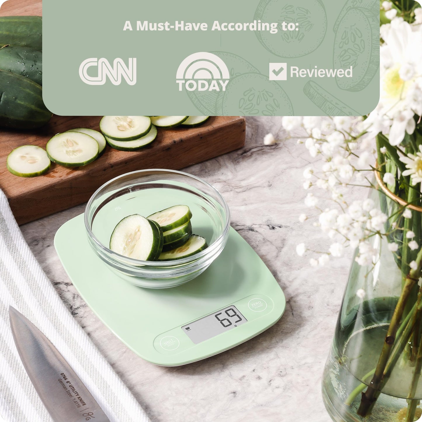 Greater Goods Digital Kitchen Scale - Cooking, Baking, Meal and Food Prep Scale, Weighs in Grams, Pounds and Ounces, Sage Green