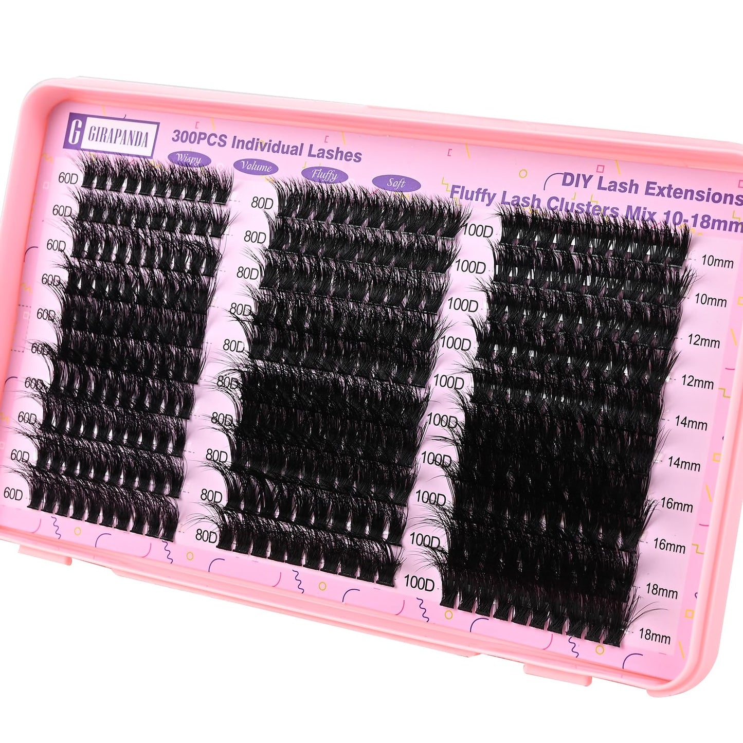 Girapanda Fluffy Lash Extension Kit, Thick Individual Lashes D Curl with Lash Bond and Seal, Lash Remover, 300PCS 60D 80D 100D Cluster Eyelash Extension, Mix 10-18mm DIY Eyelash Extension Kit at Home