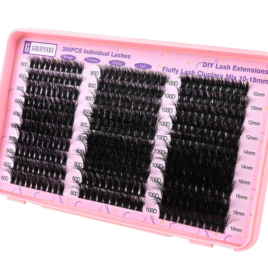 Girapanda Fluffy Lash Clusters Thick 300PCS Individual Lashes Wispy D Curl 60D 80D 100D Volume Cluster Eyelash Extension Mixed 10-18mm Fluffy DIY Lash Extensions at Home, Black