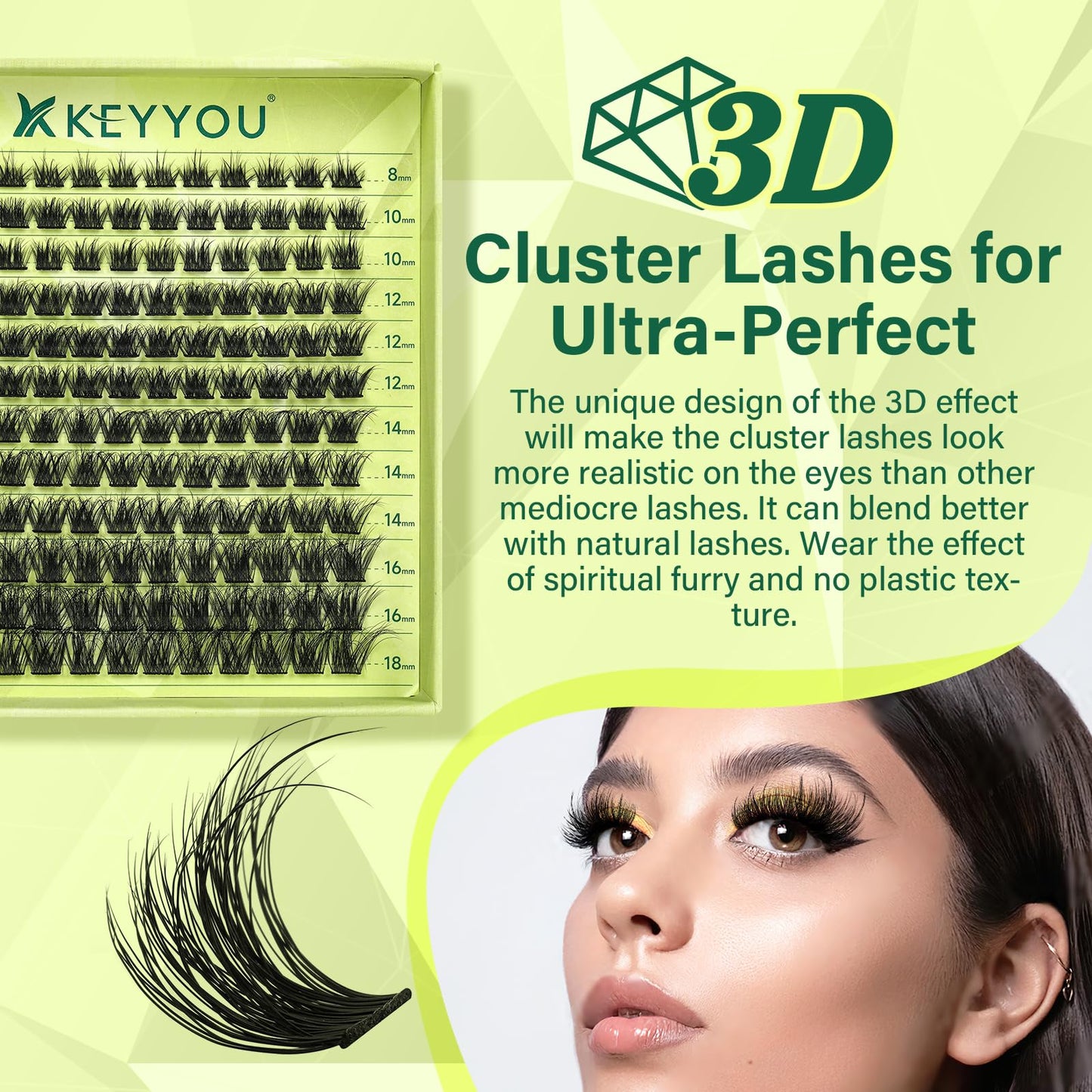 Lash Clusters 3D Effect Eyelash Clusters KEYYOU 144pcs D Curl Wispy Lashes Fluffy Cluster Lashes 8-18MIX Natural Soft DIY Lash Extension at Home(Enthrall-D-MIX)