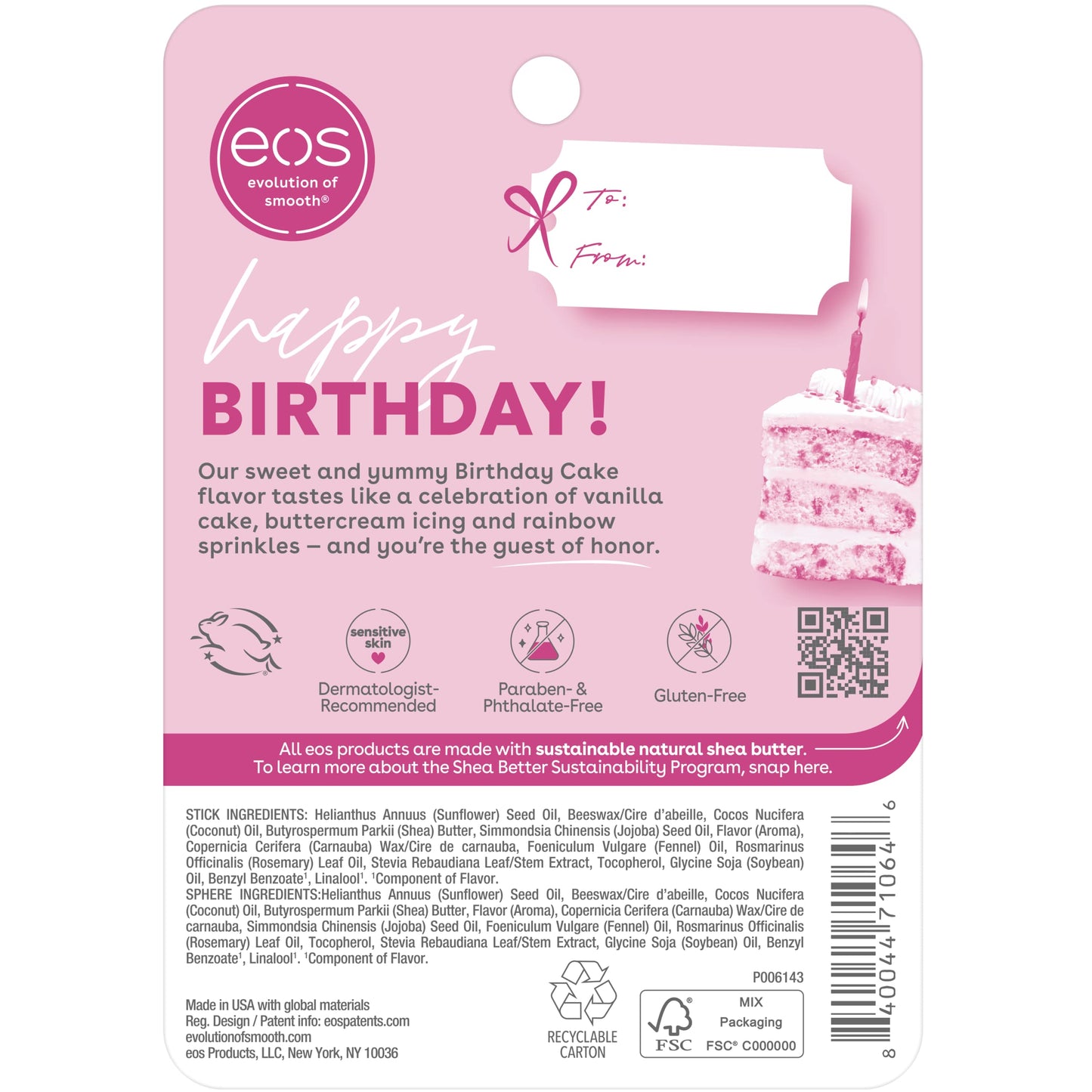 eos Natural Shea Lip Balm- Birthday Cake, All-Day Moisture Lip Care Products, 0.39 oz (Pack of 2)