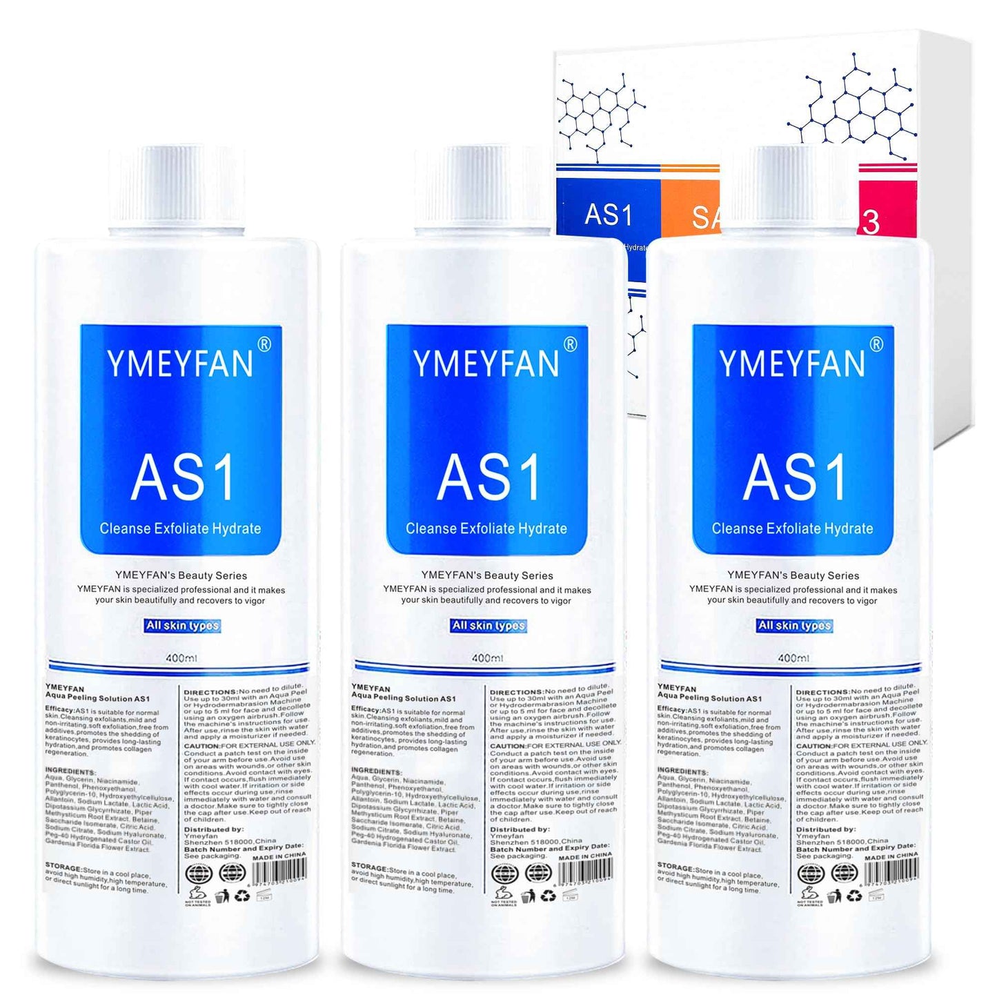YMEYFAN AS1 Solution for Hydrate Facial Machine (English Ver.), AS1 SA2 AO3 Aqua Peeling Solution for Hydrogen Oxygen Facial Machine, Nourishing Exfoliate Serums for Face Skin Care(400ml x 3Bottles)