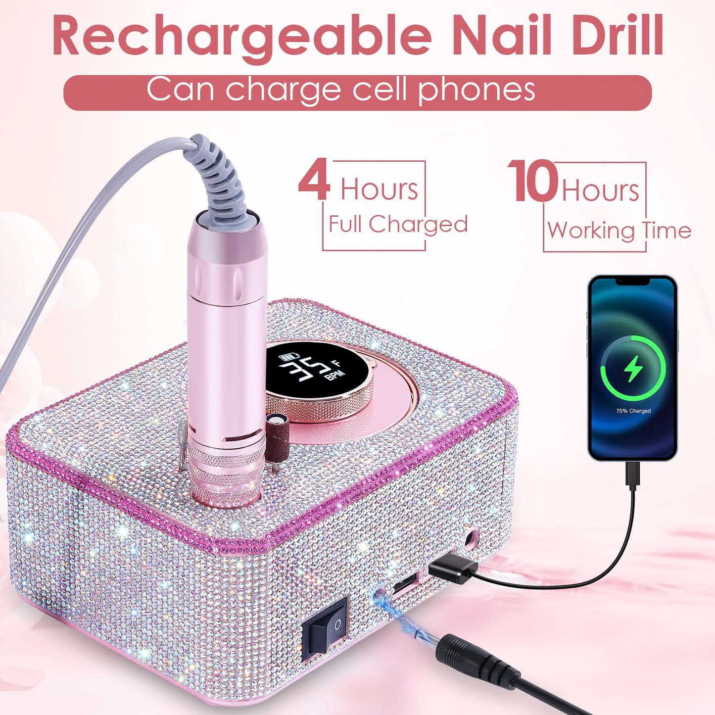 ANBEISTEE Professional Rechargeable 35000 RPM Electric Nail Drill, Portable Nail File Kit for Any Manicure, Pedicure, Ideal Nail Art Tools, Designed for Salon, Home